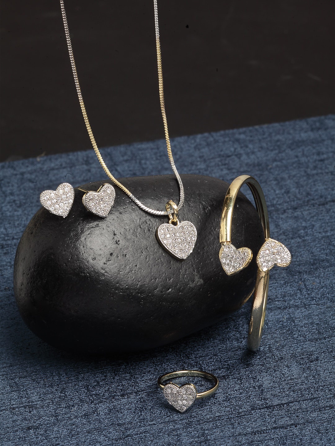 

ZENEME Gold-Plated AD Stone-Studded Heart Shaped Jewellery Set