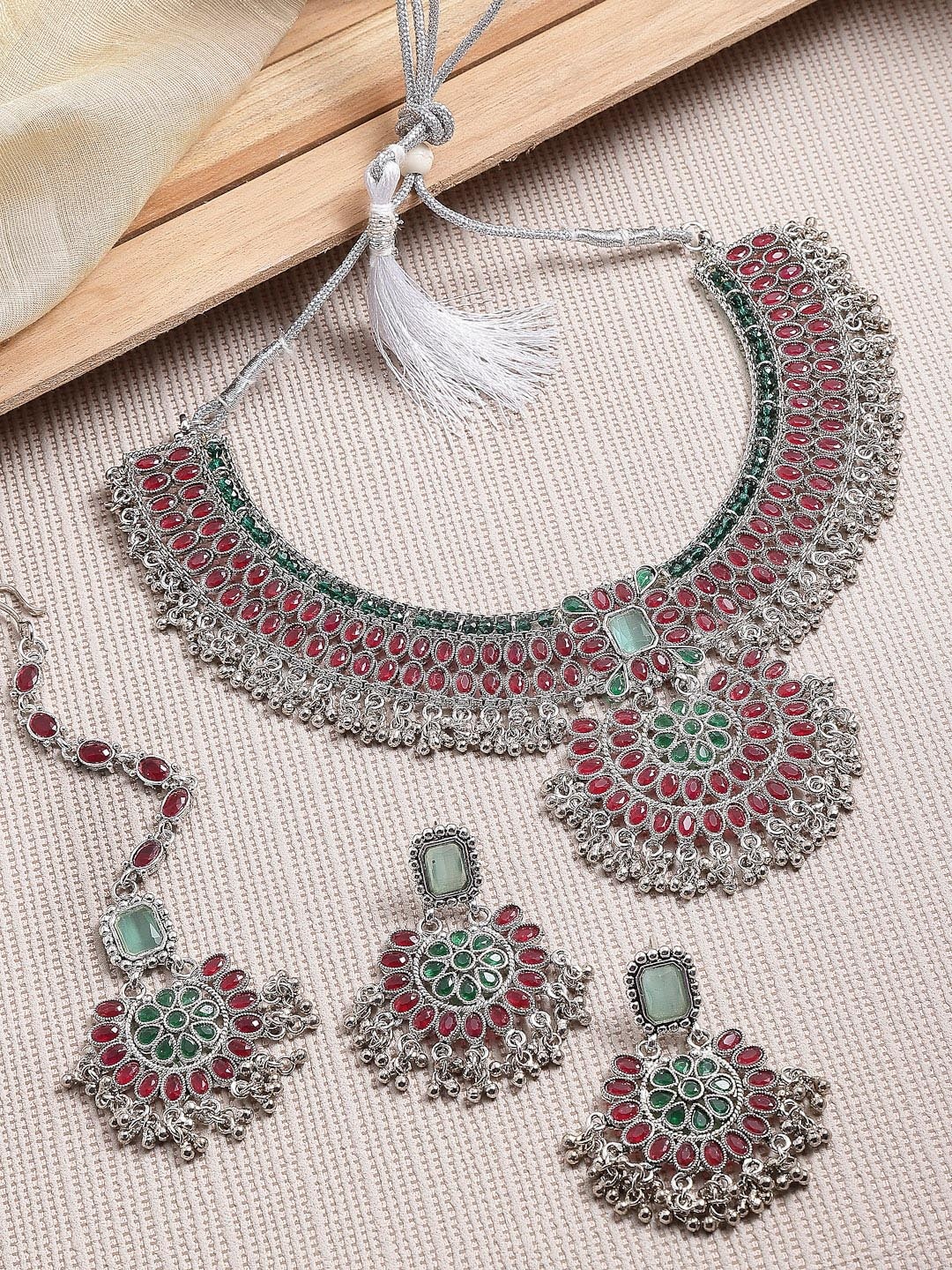 

ZENEME Oxidised Silver-Plated Kundan Studded Meenakari Jewellery Set