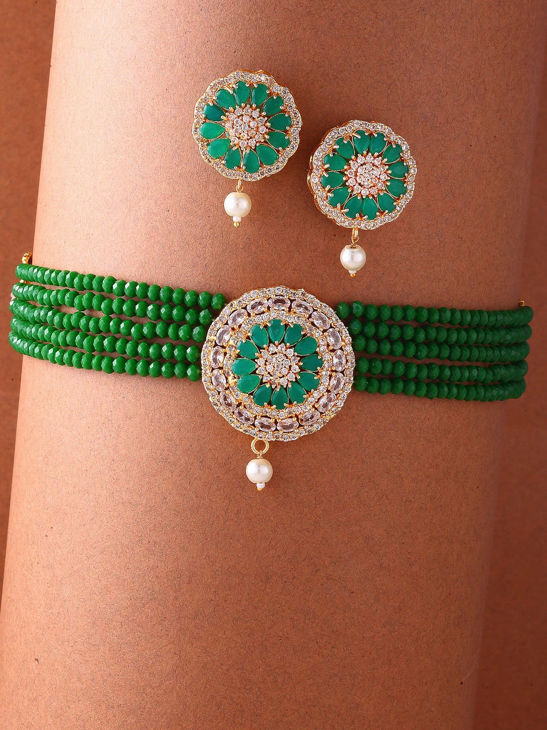 

ZENEME Gold Plated AD-Studded Layered Necklace Earring Jewllery Set, Green