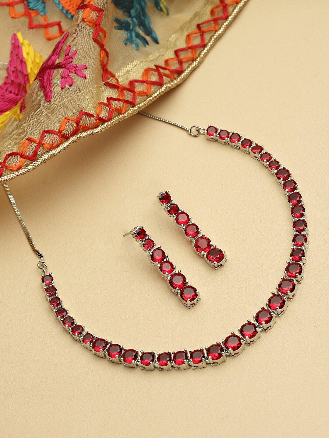 

ZENEME Rhodium-Plated Silver Plated Ad-Studded Jewellery Set, Red