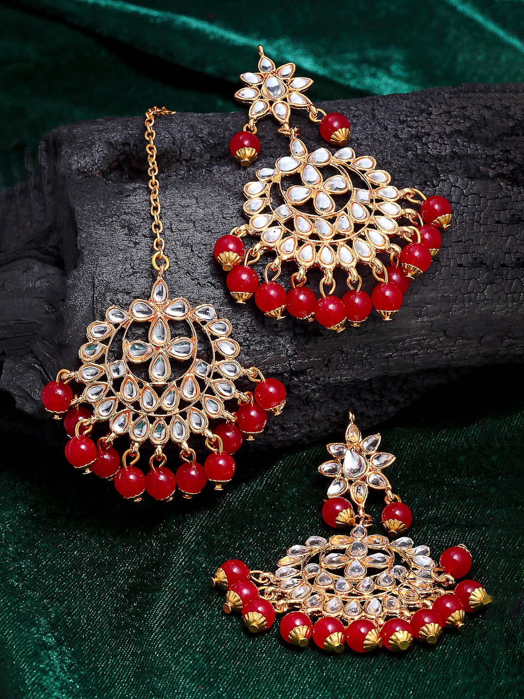 

ZENEME 18K Gold-Plated Kundan Studded & Beaded Maangtikka With Earring Jewellery Set