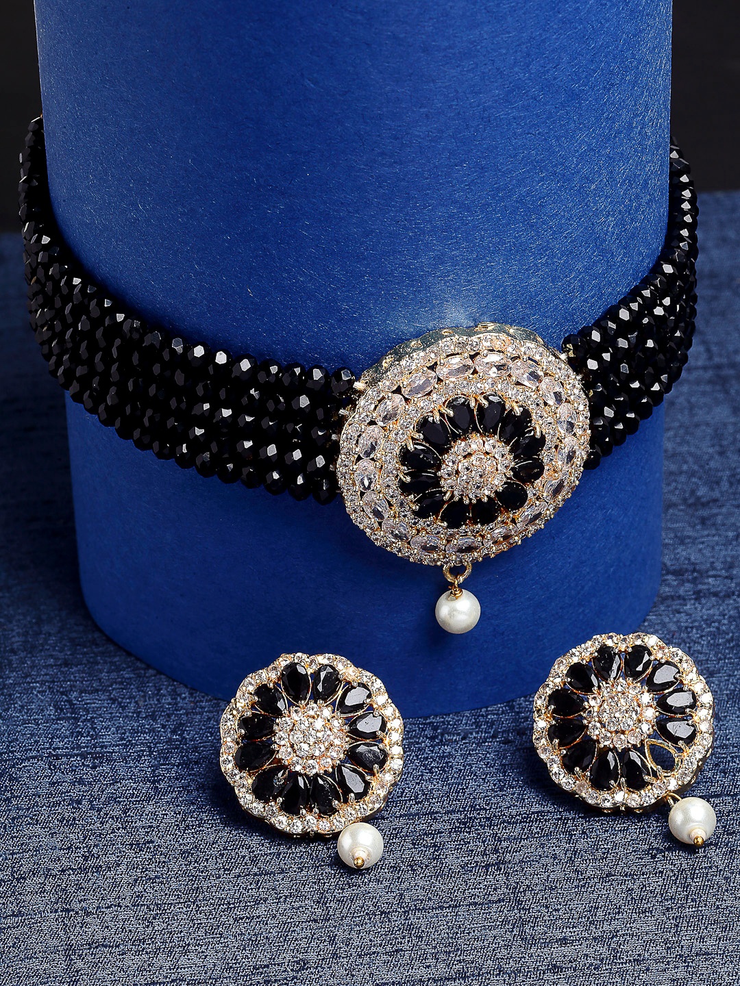 

ZENEME Gold Plated & Black Artificial Stone & Bedded Necklace Jewellery Set