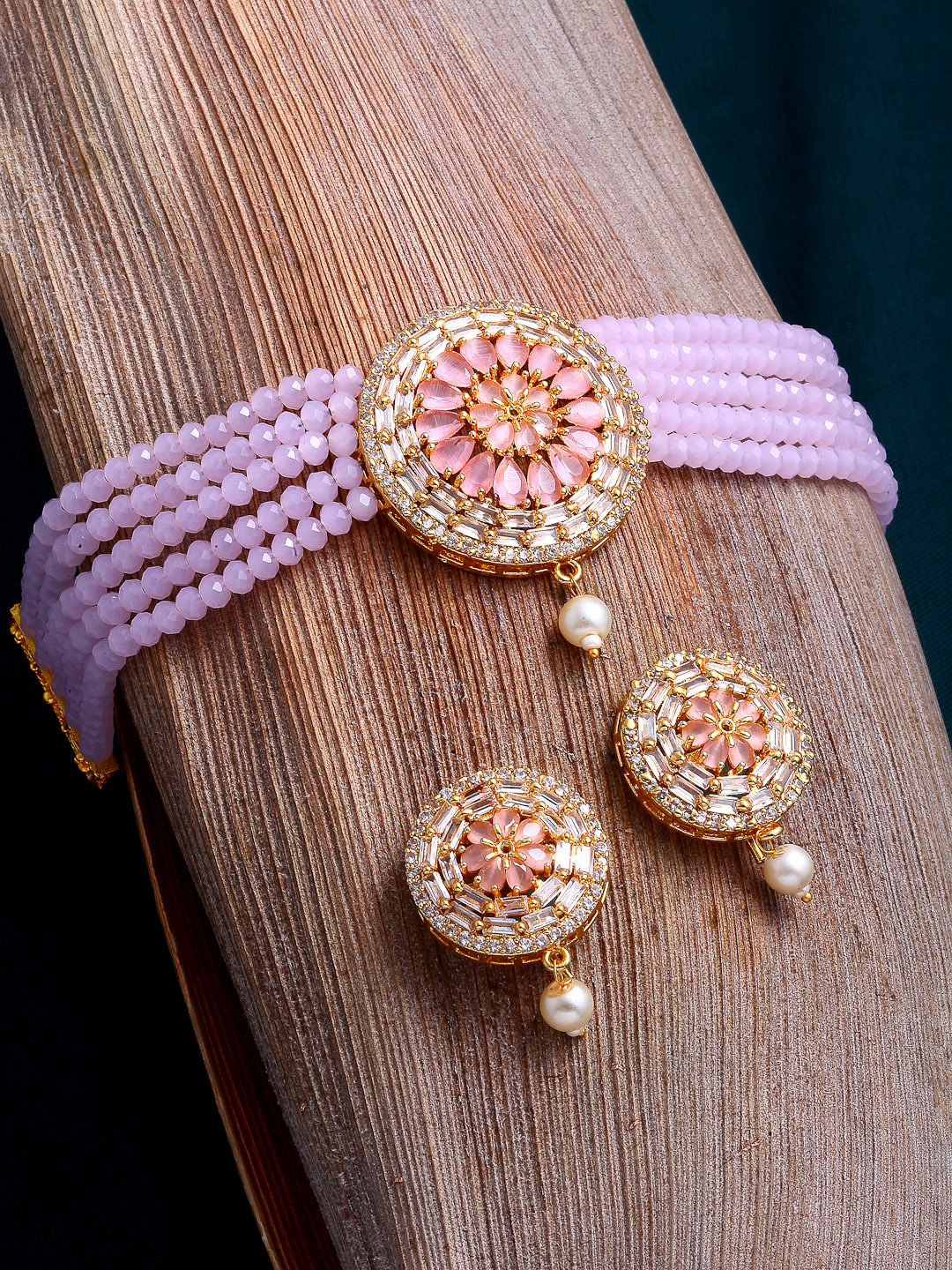 ZENEME Gold-Plated Cubic Zirconia Studded & Beaded Choker Necklace Jewellery Set