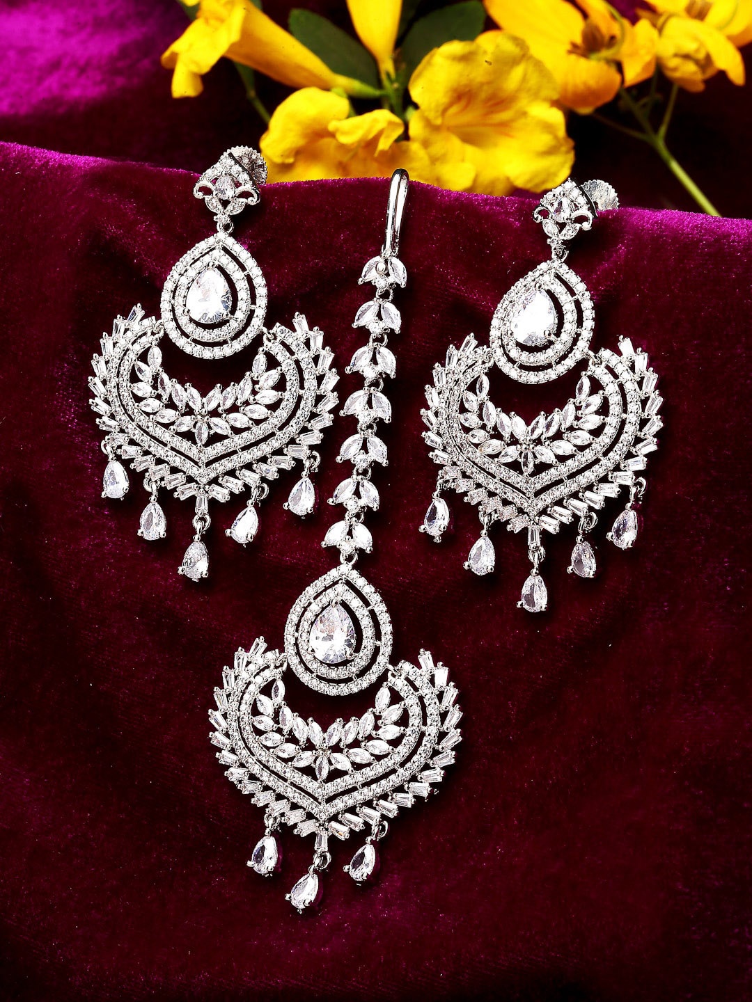 

ZENEME Silver-Plated & AD-Studded Round Maang Tikka And Earrings Set