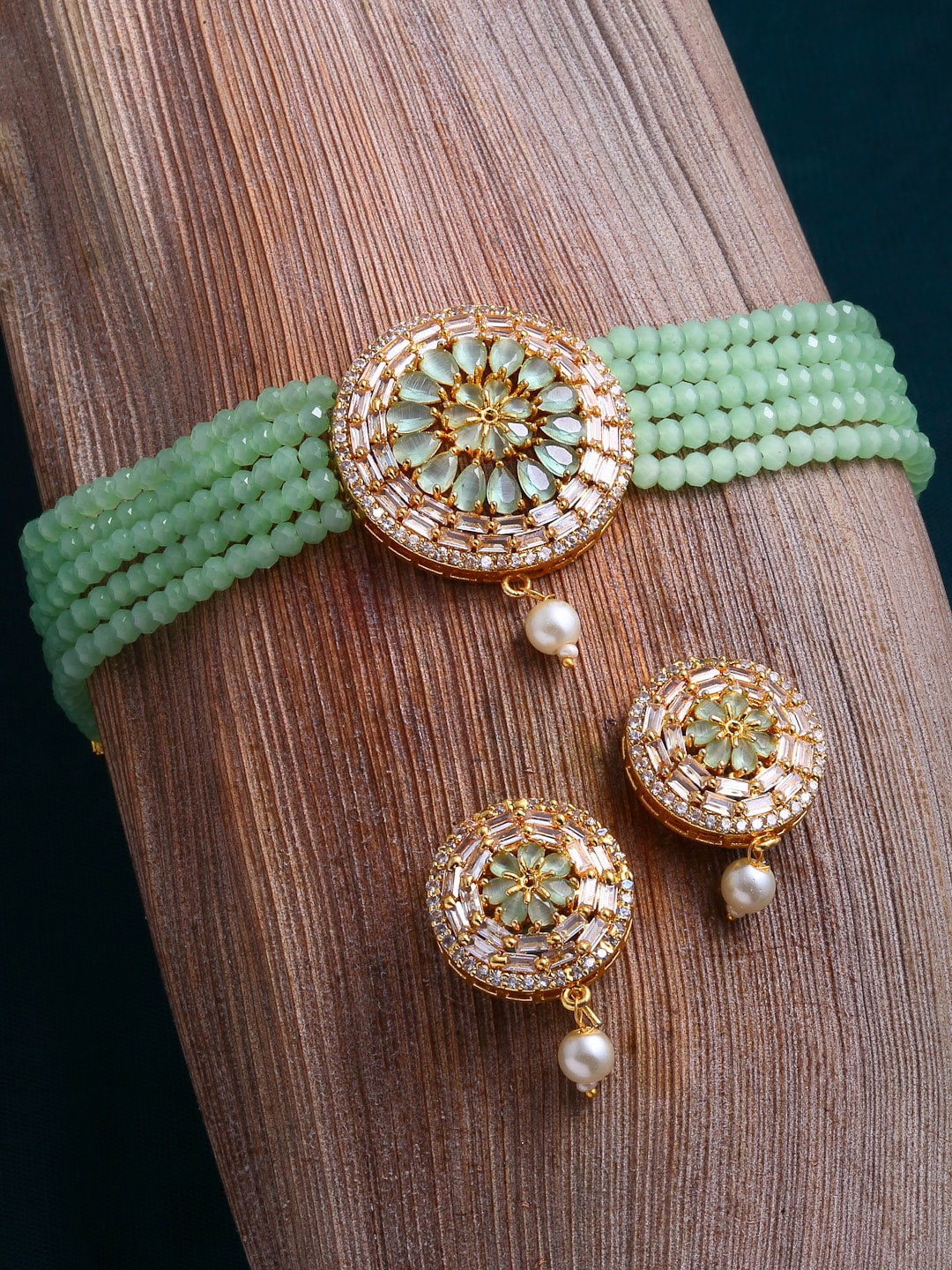 

ZENEME 18K Gold Plated Lime Green AD Beaded Strap Choker Necklace Jewellery Set