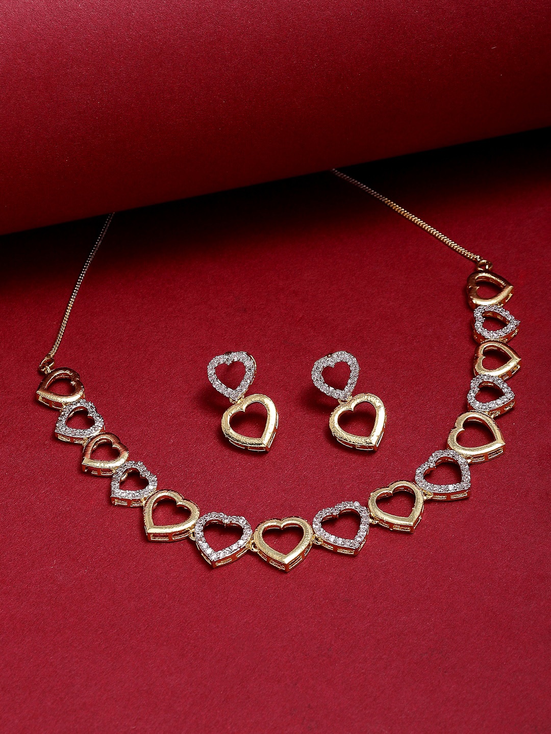 

ZENEME 18k Gold-Plated American Diamond Studded Heart Shaped Embellished Jewellery Set