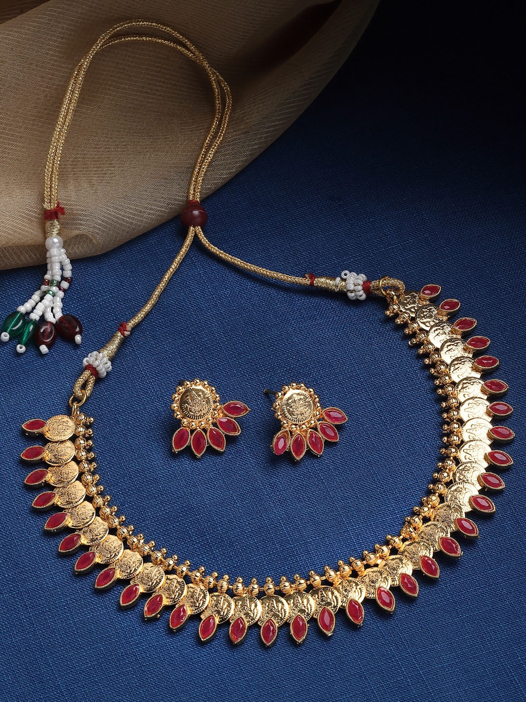 

ZENEME 18 K Gold-Plated & Kundan-Studded Temple Coin Jewellery Set