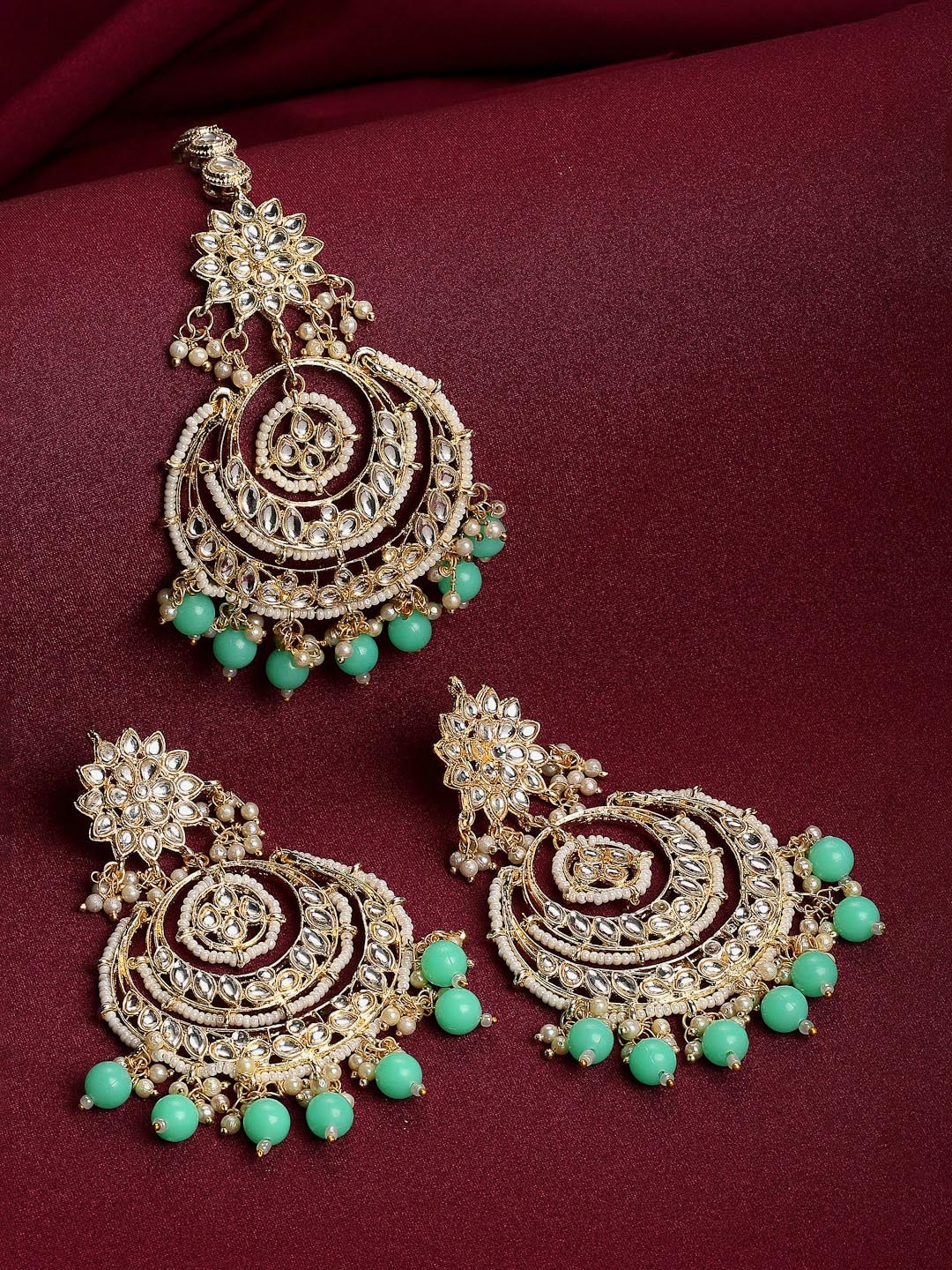 

ZENEME 18 K Gold Plated White Kundan Stone Studded Earring & Mangtikka Jewellery Set, Sea green