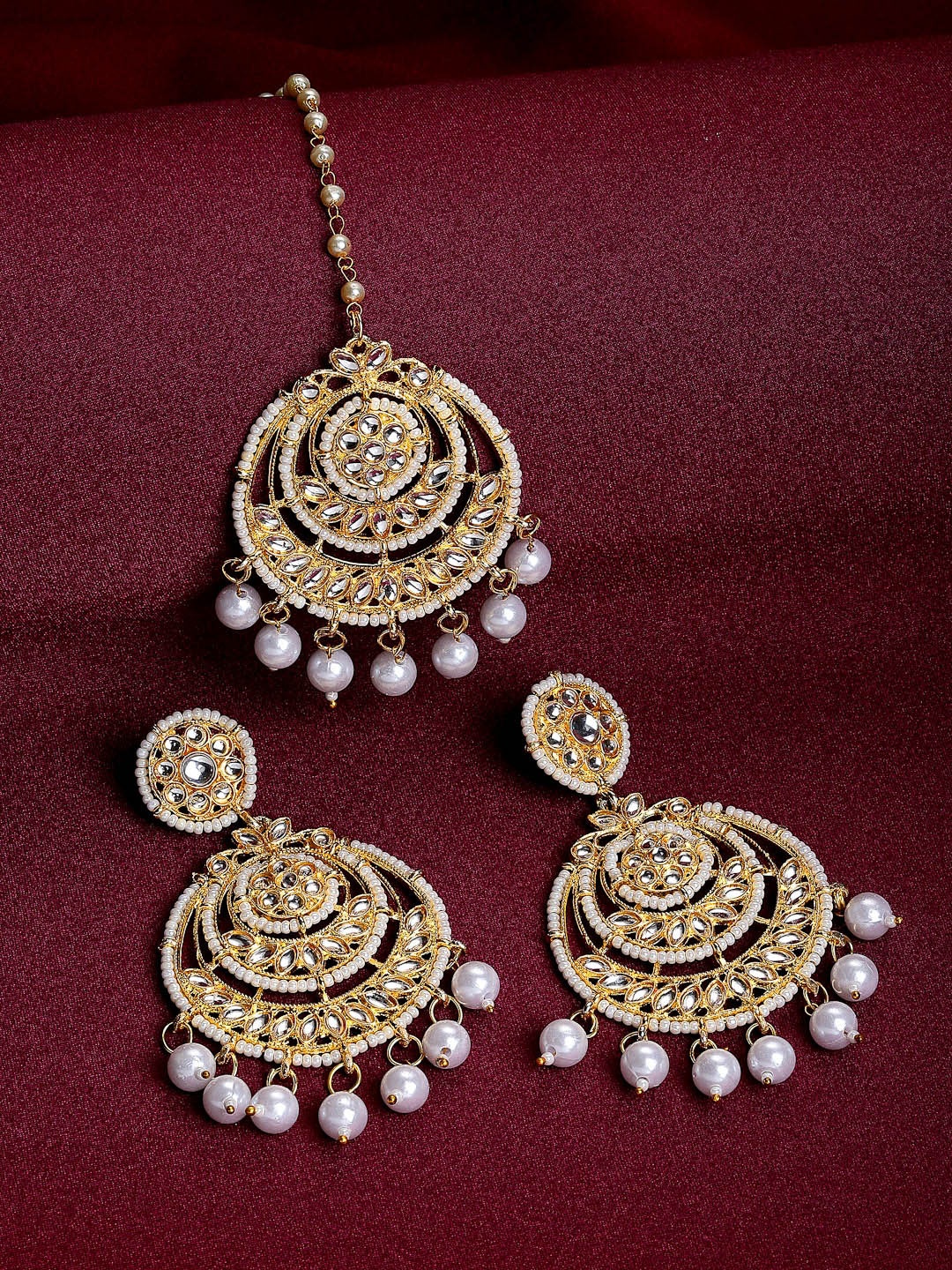 

ZENEME 18K Gold-Plated Stone-Studded & Beaded Jewellery Set, White