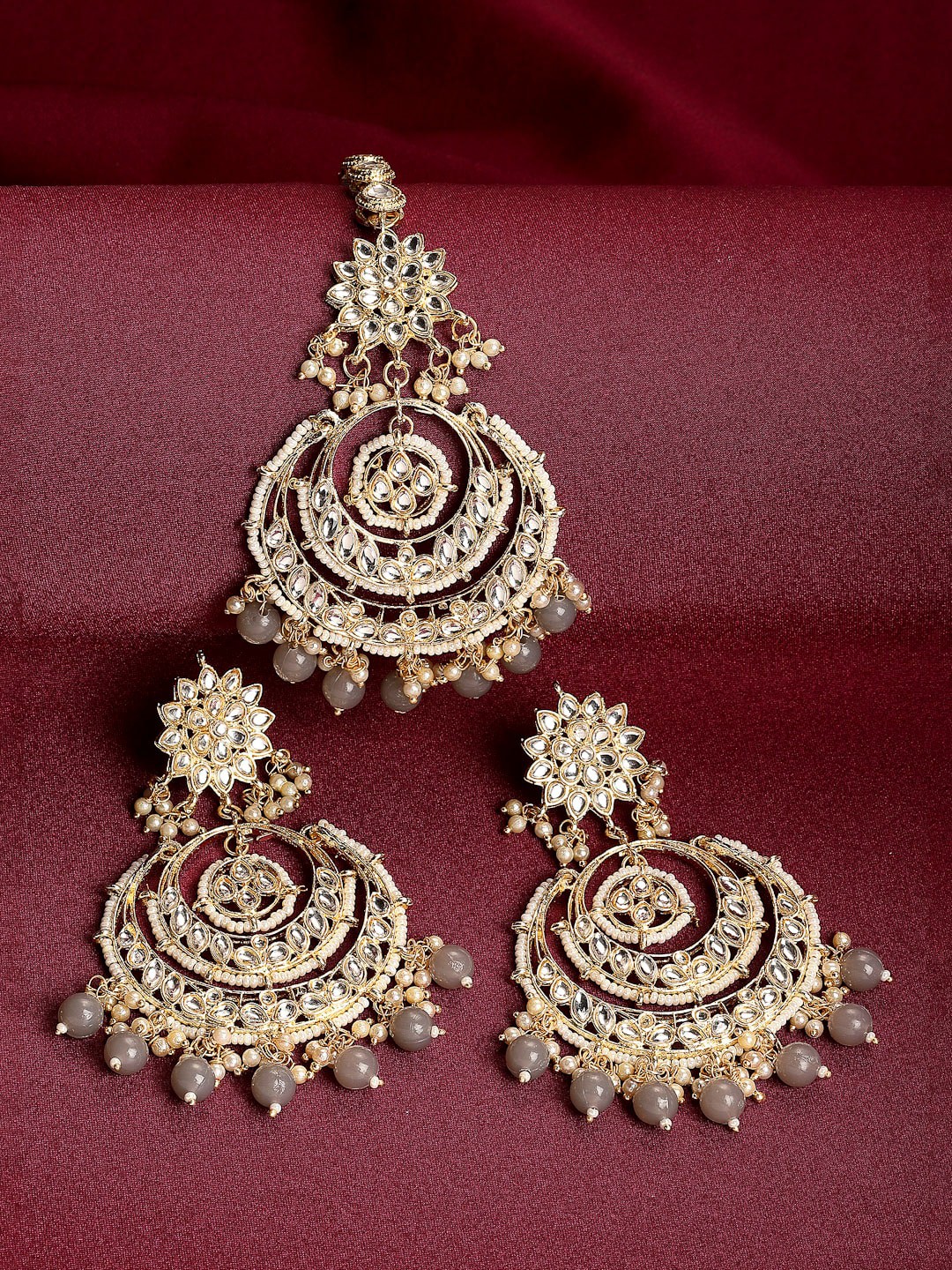 

ZENEME 18 K Gold-Plated Kundan Studded & Beaded Jewellery Set, Grey