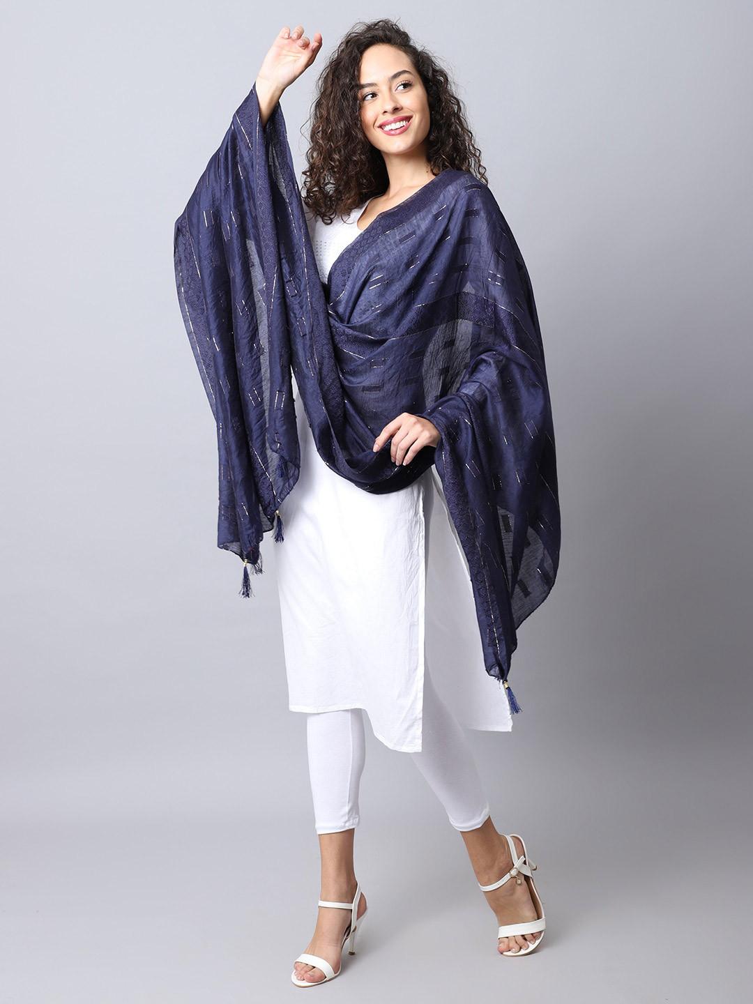 

GLAM STORY Woven Design Art Silk Dupatta, Navy blue