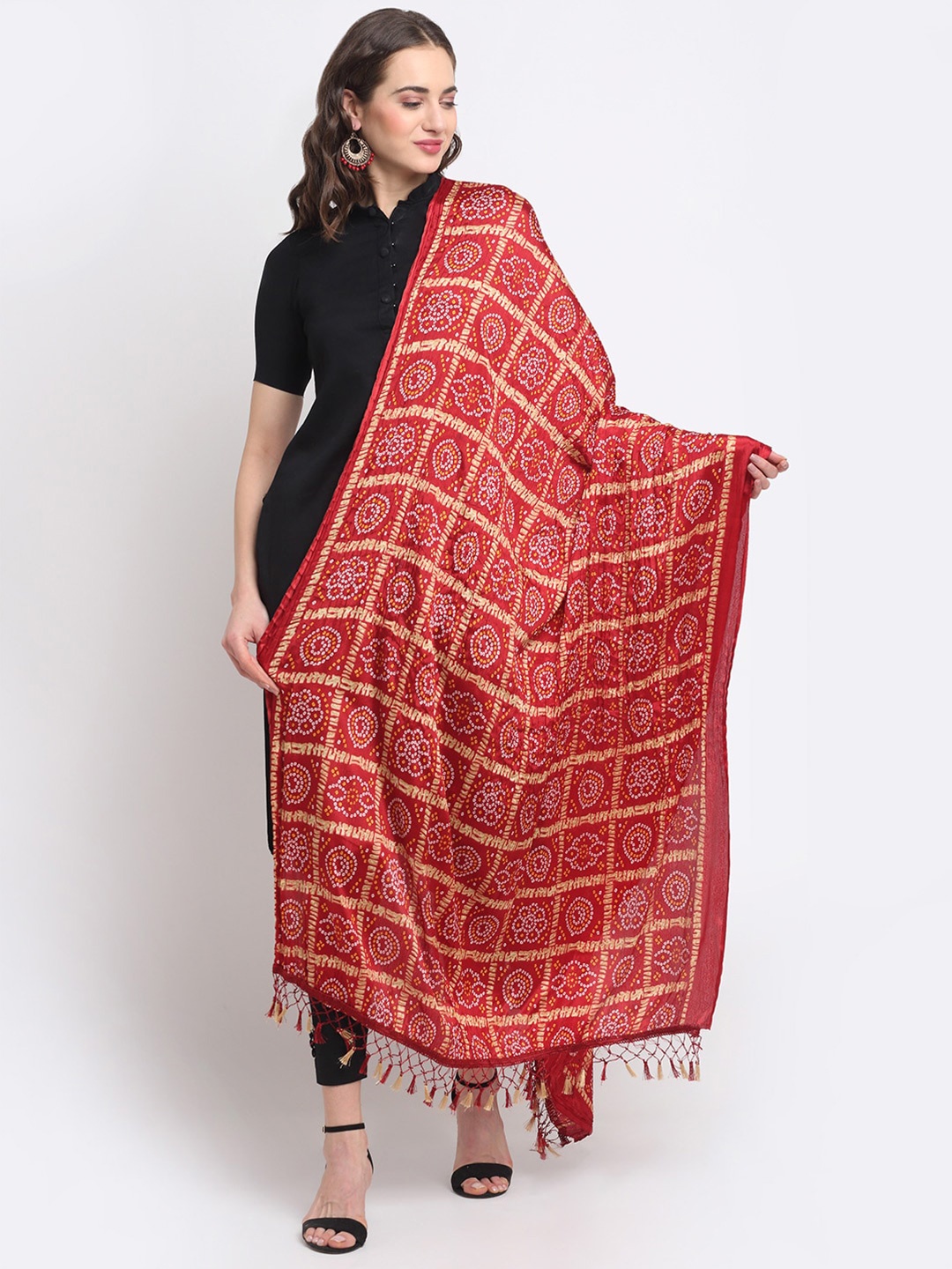 

GLAM STORY Bandhani Printed Crushed Dupatta, Red