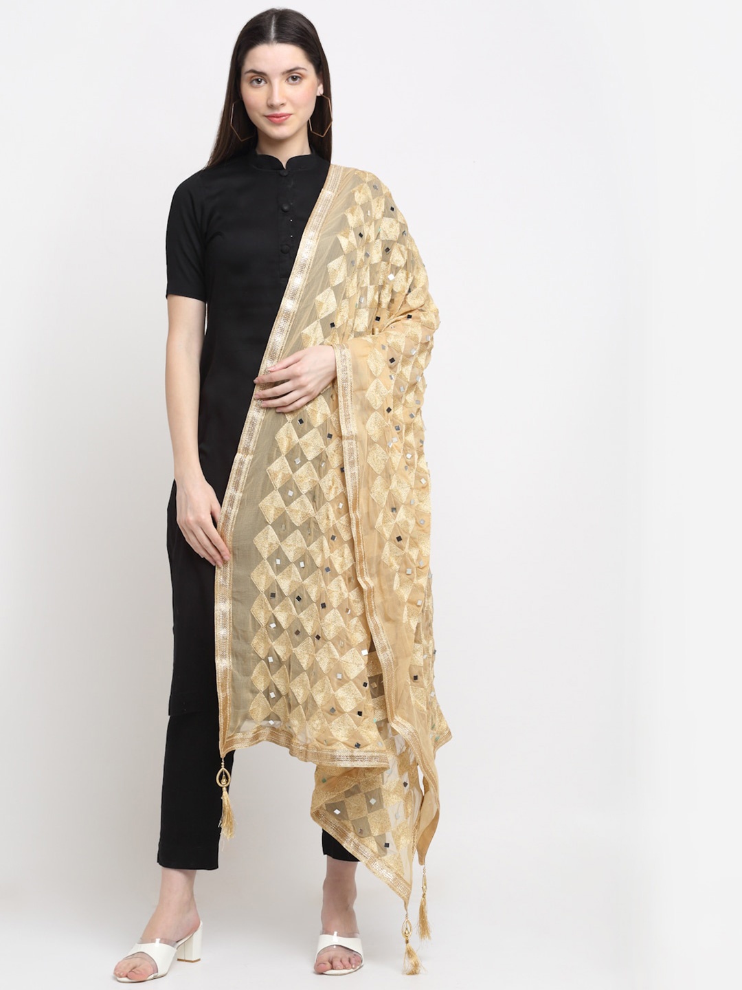 

GLAM STORY Embroidered Mirror Work Dupatta, Cream