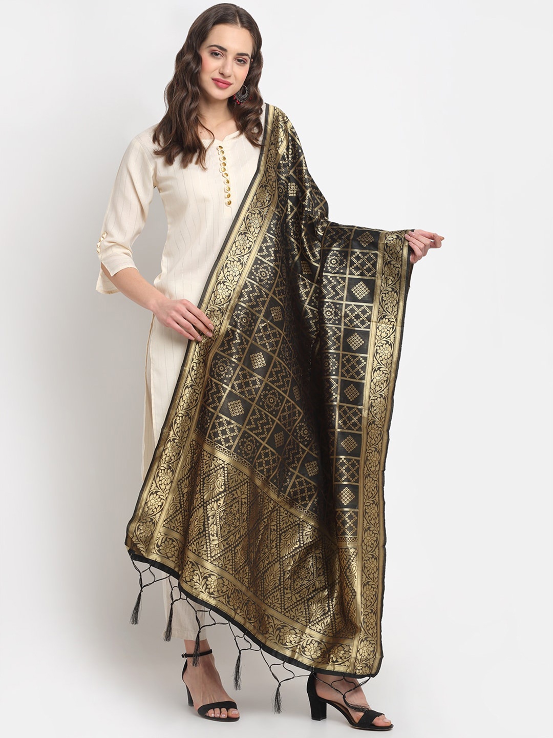 

GLAM STORY Ethnic Motifs Woven Design Dupatta with Zari, Black