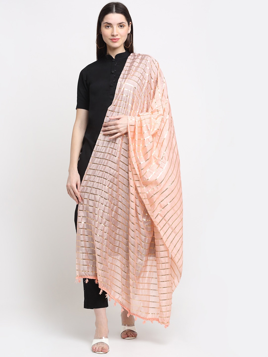 

GLAM STORY Striped Art Silk Dupatta with Zari, Peach