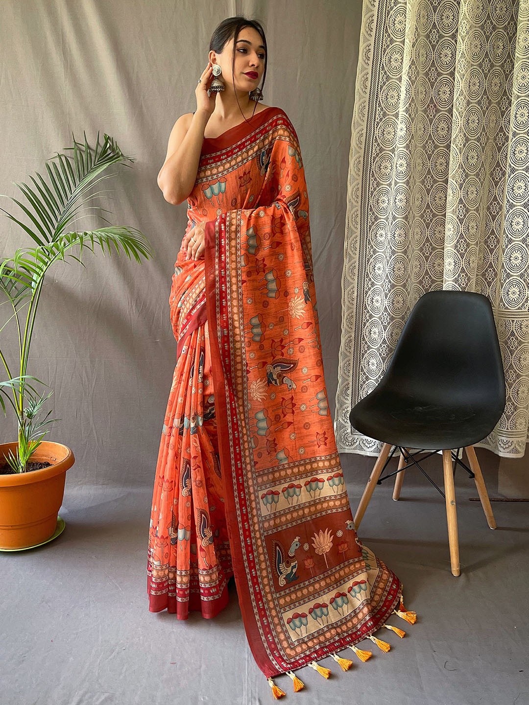 

KARAGIRI Kalamkari Block Print Saree, Orange