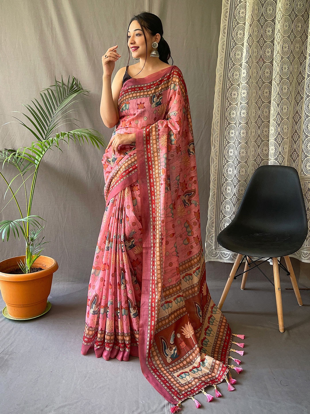 

KARAGIRI Kalamkari Printed Block Print Saree, Pink