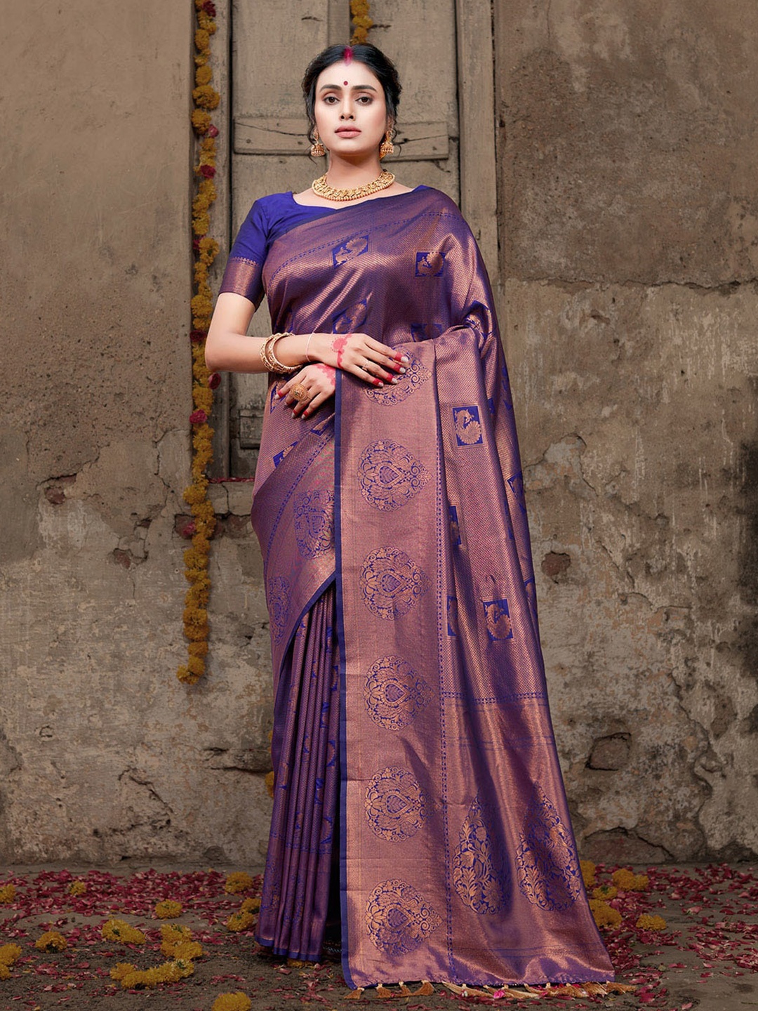 

KARAGIRI Ethnic Motifs Zari Pure Silk Kanjeevaram Saree, Blue