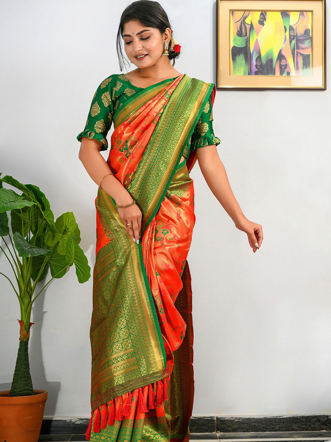 

KARAGIRI Woven Design Zari Pure Silk Kanjeevaram Saree, Orange