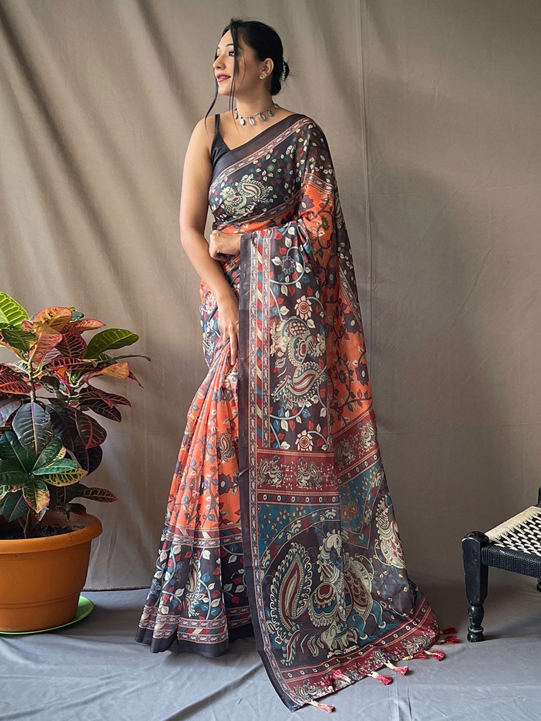 

KARAGIRI Kalamkari Block Printed Cotton Blend Saree, Multi