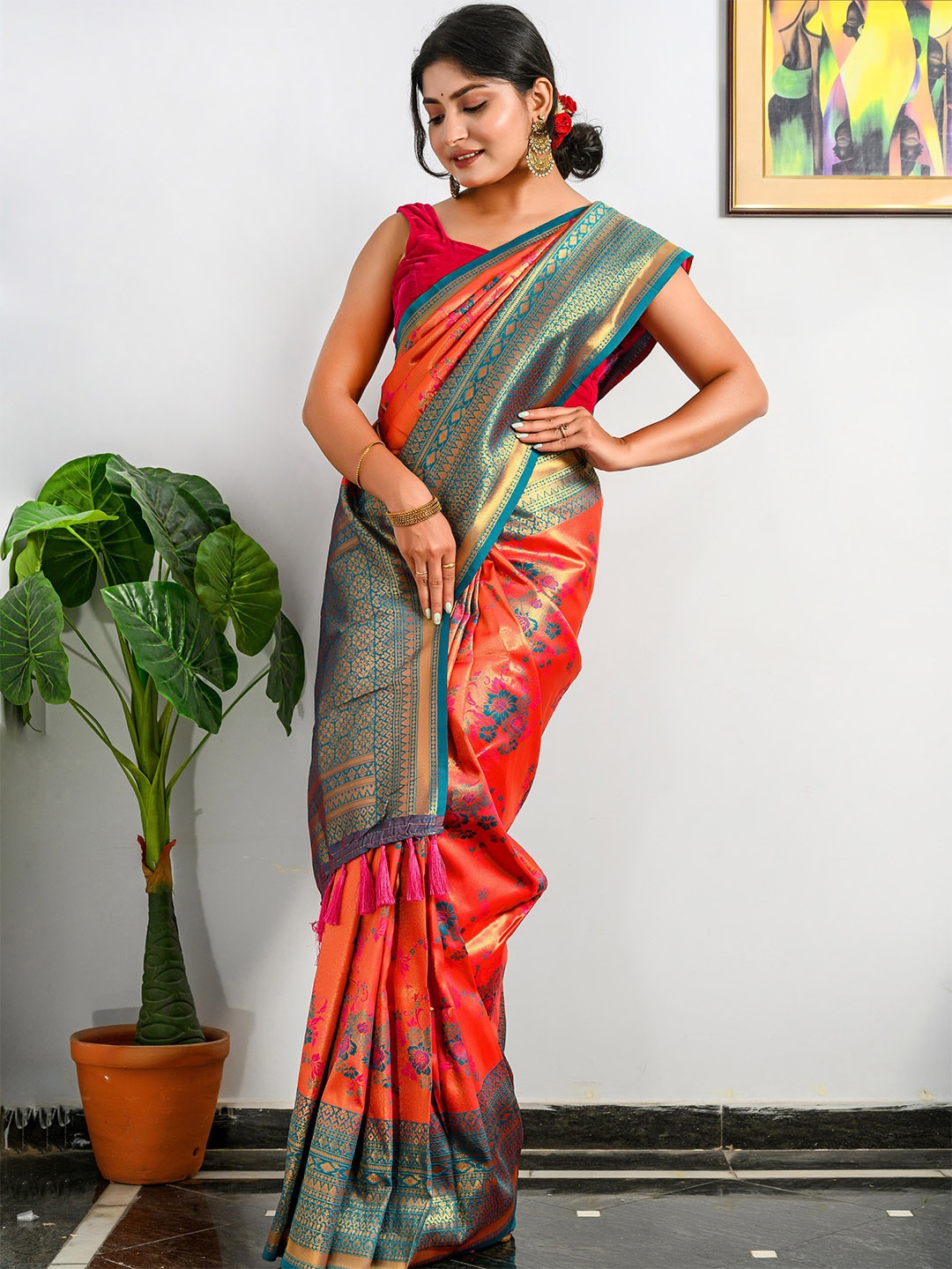 

KARAGIRI Woven Design Zari Pure Silk Kanjeevaram Saree, Orange