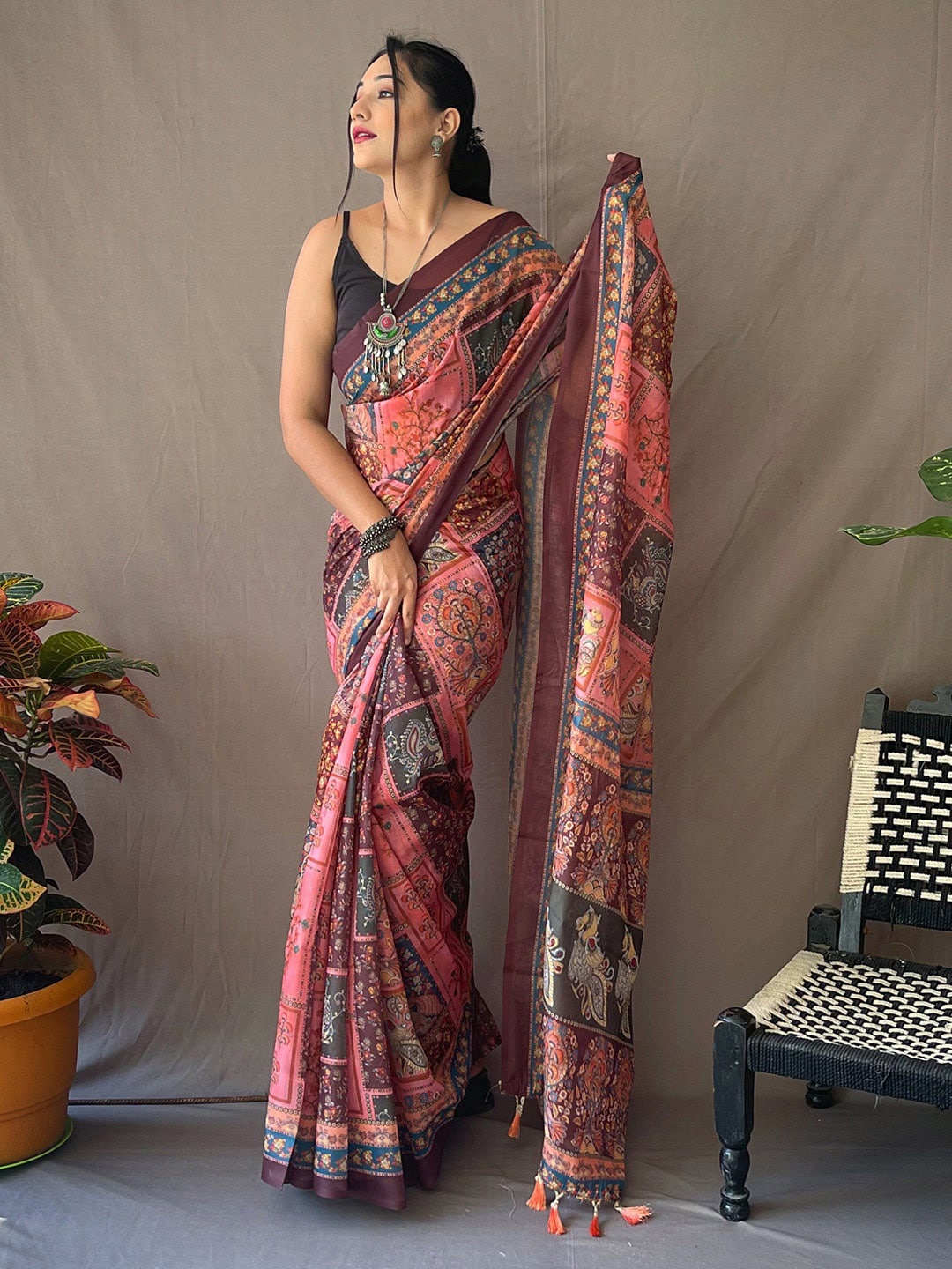 

KARAGIRI Floral Block Print Saree, Pink