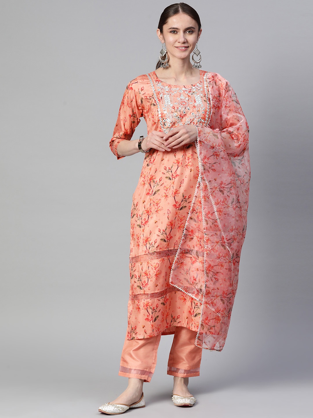 

RAJGRANTH Women Peach-Coloured Floral Embroidered Mirror Work Silk Chiffon Kurta with Trousers & With