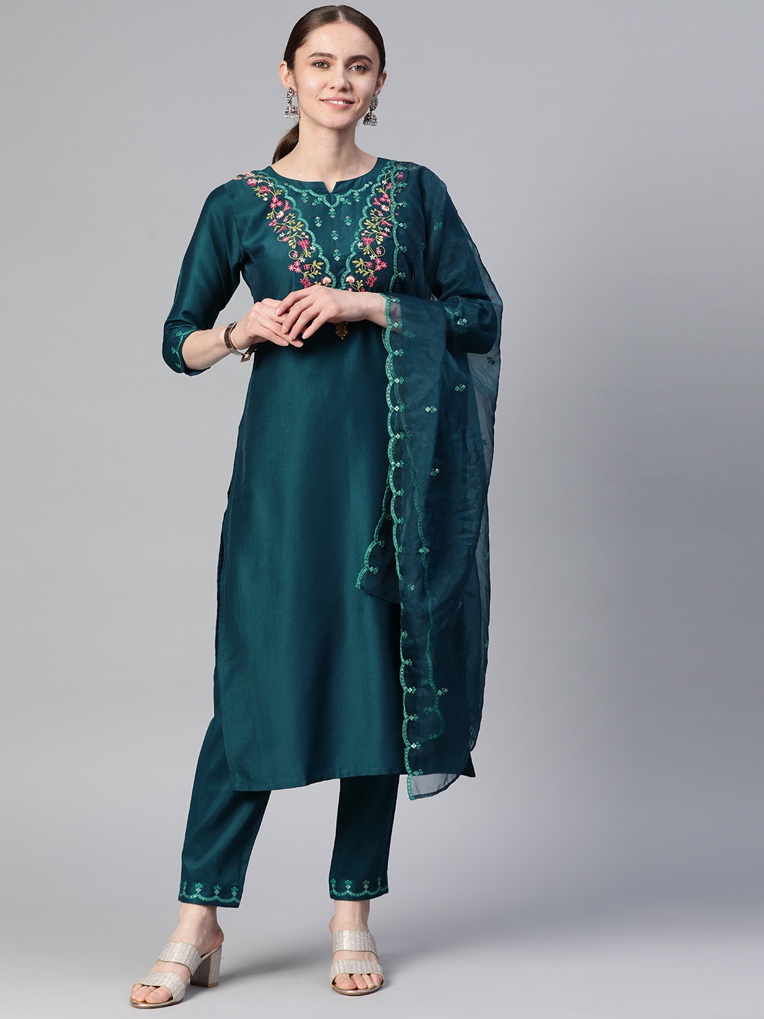 

RAJGRANTH Women Teal Floral Embroidered Mirror Work Kurta with Trousers & With Dupatta