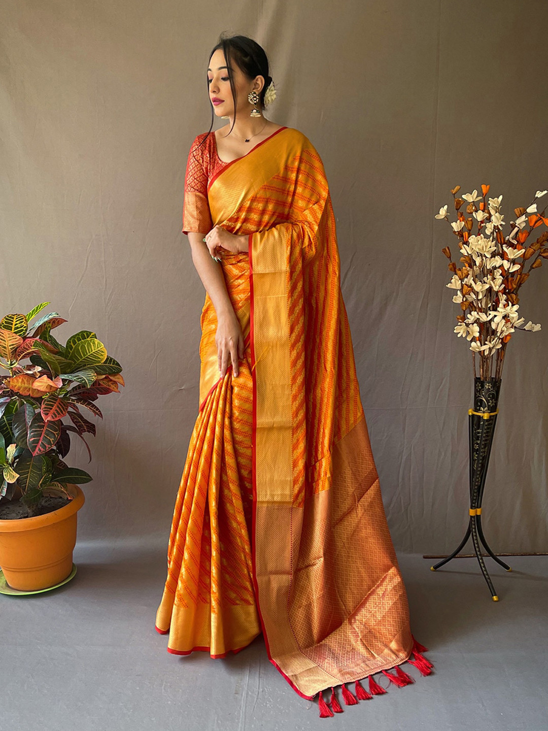

KARAGIRI Woven Design Zari Silk Blend Patola Saree, Yellow