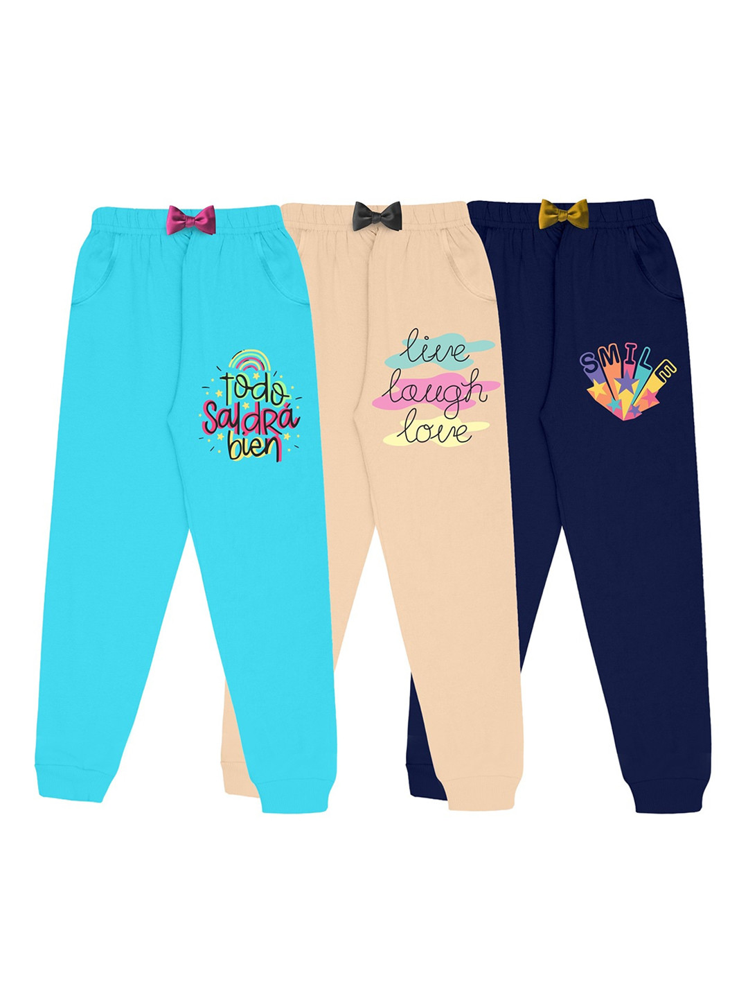 

KYDA KIDS Girls Pack Of 3 Printed Cotton Regular Fit Joggers, Navy blue