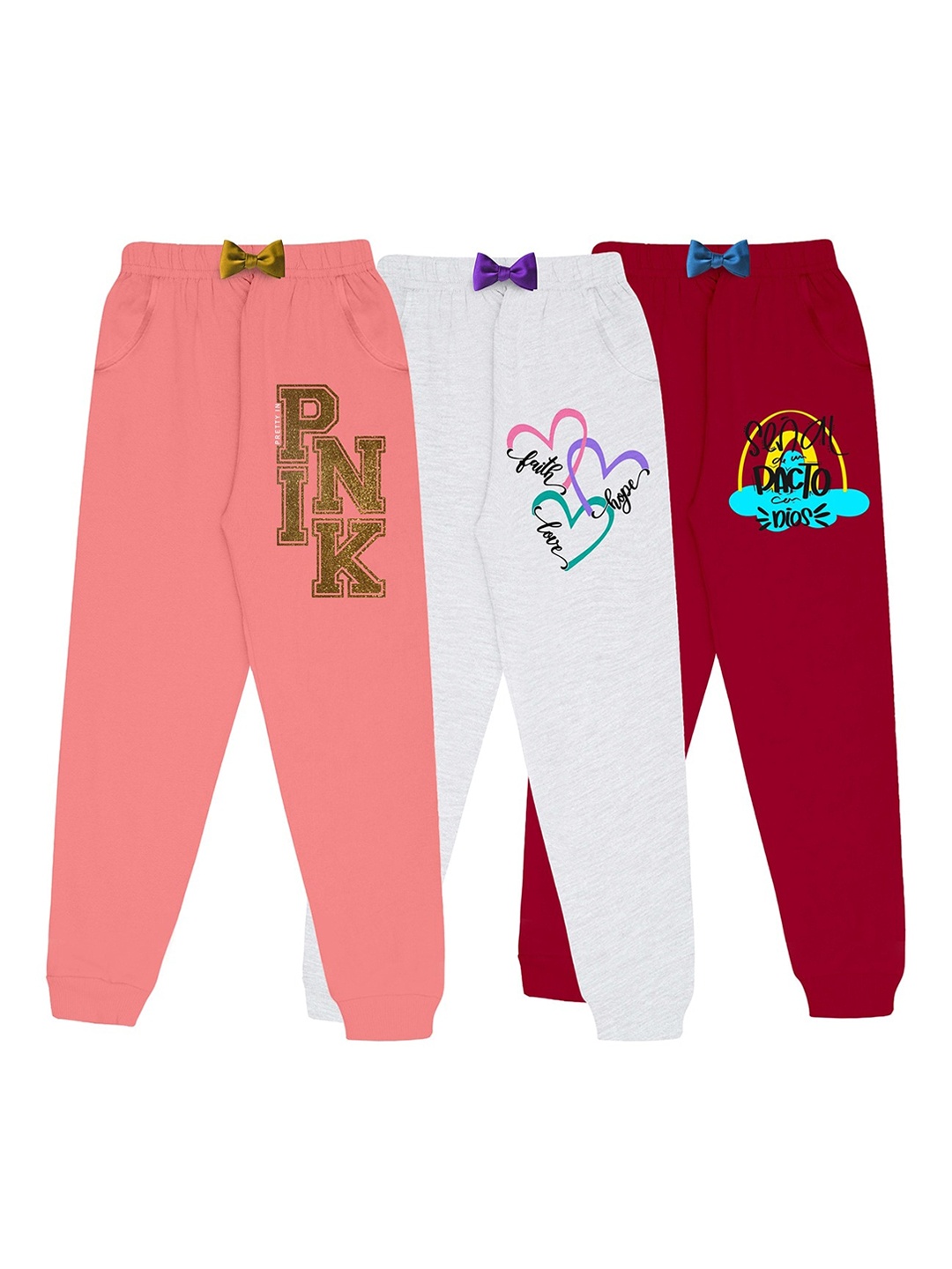 

KYDA KIDS Girls Pack Of 3 Graphic Printed Cotton Regular Fit Joggers, Red