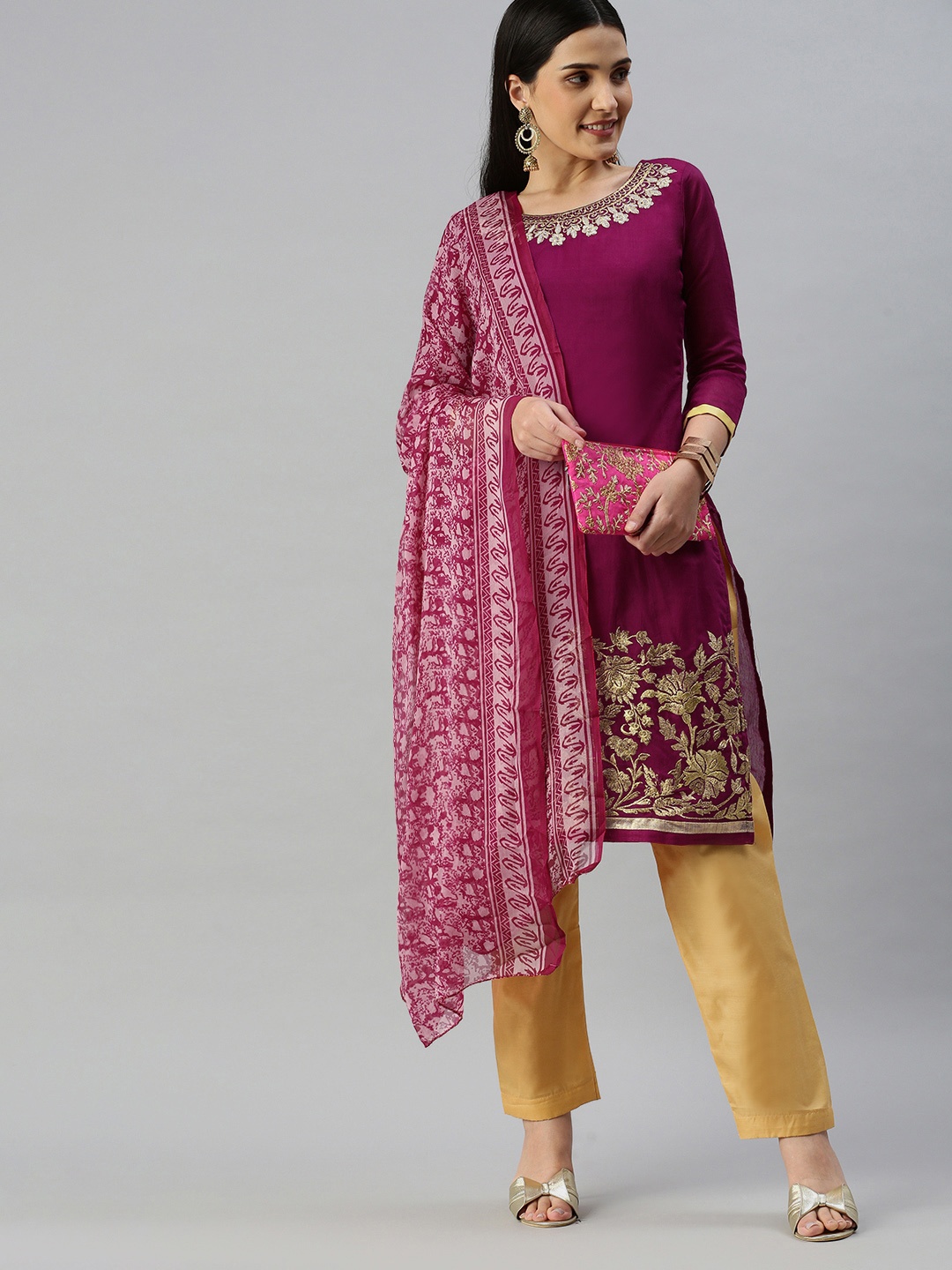 

KALINI Embroidered Silk Georgette Unstitched Dress Material, Magenta