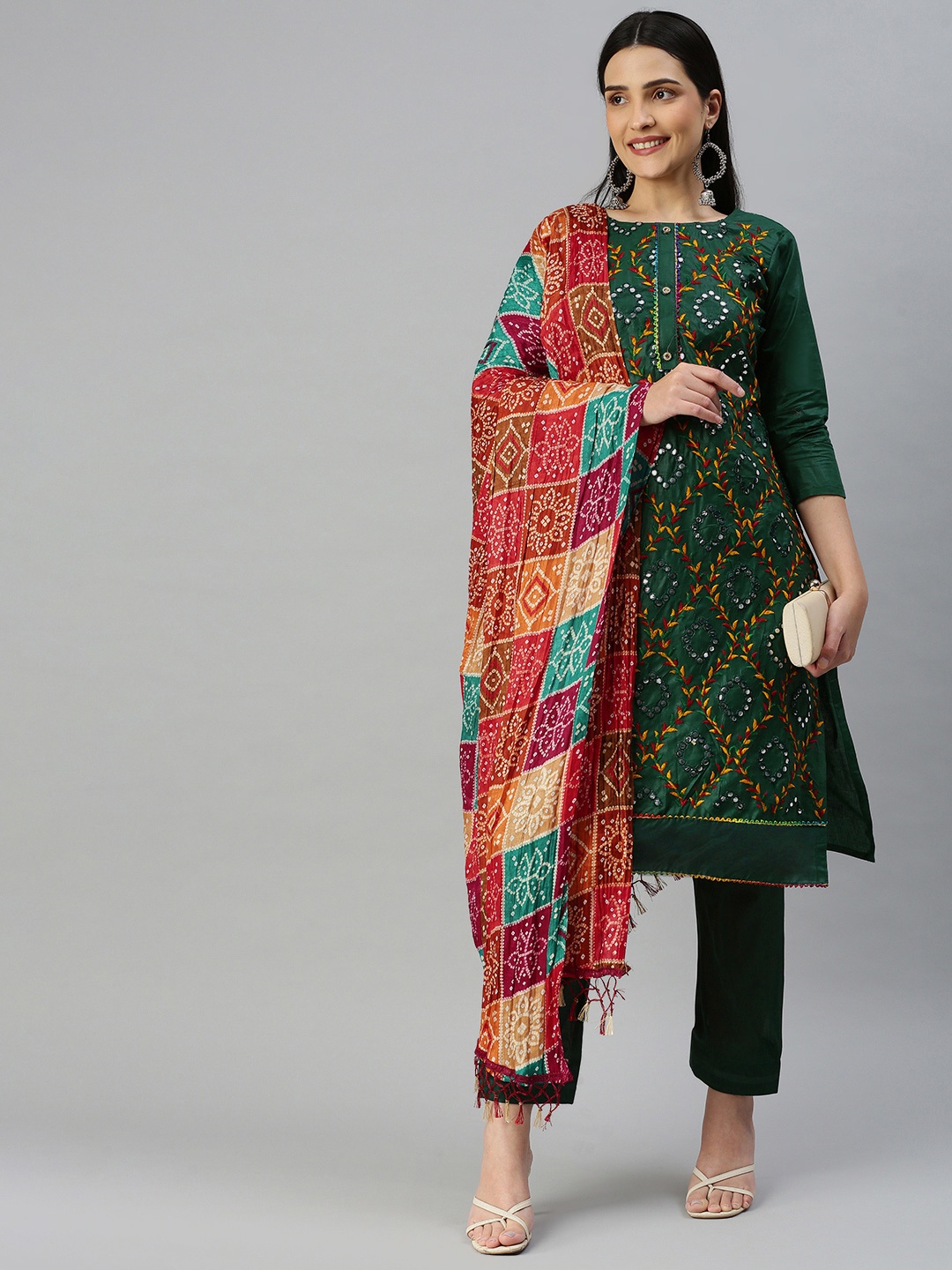 

KALINI Embroidered Pure Cotton Unstitched Dress Material, Green