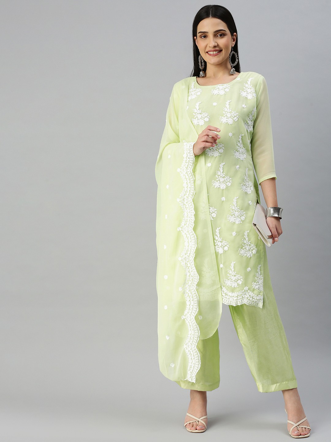 

KALINI Embroidered Silk Georgette Unstitched Dress Material, Lime green