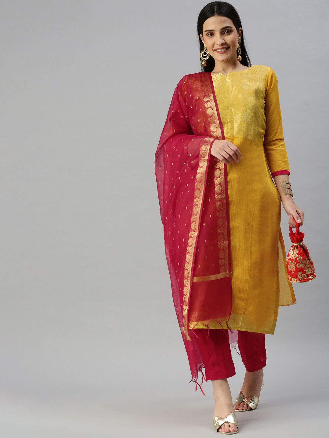 

KALINI Woven Design Unstitched Dress Material, Yellow
