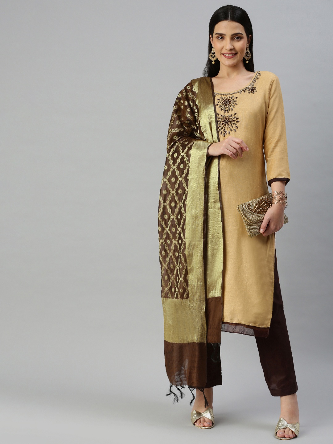 

KALINI Embellished Beads & Stones Unstitched Dress Material, Beige