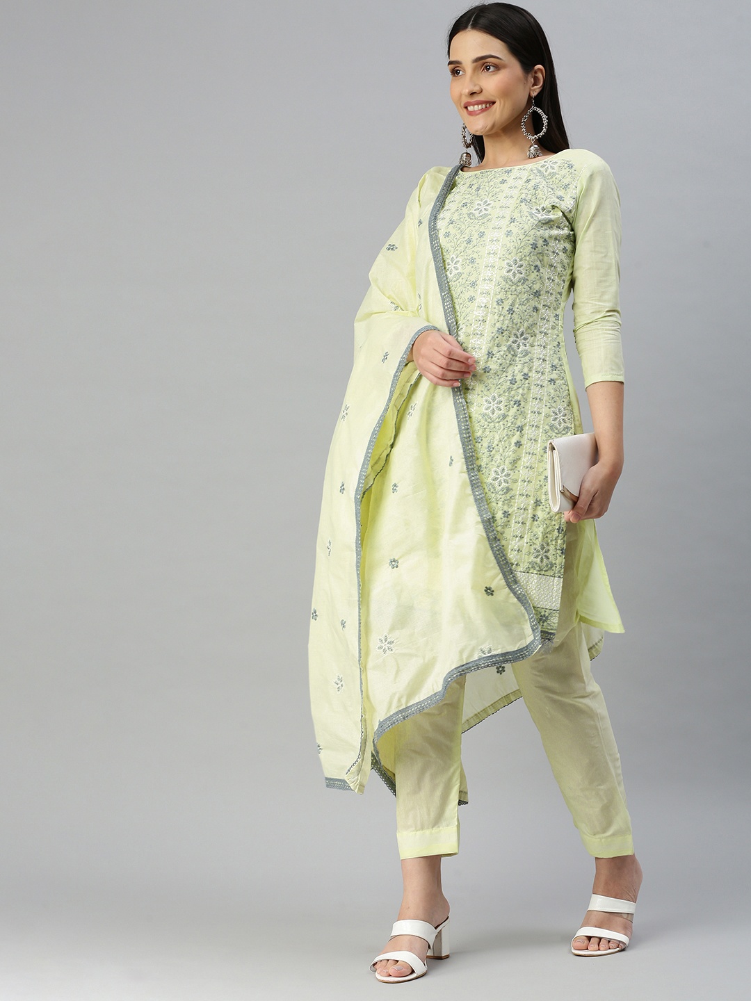 

KALINI Embroidered Pure Cotton Unstitched Dress Material, Lime green