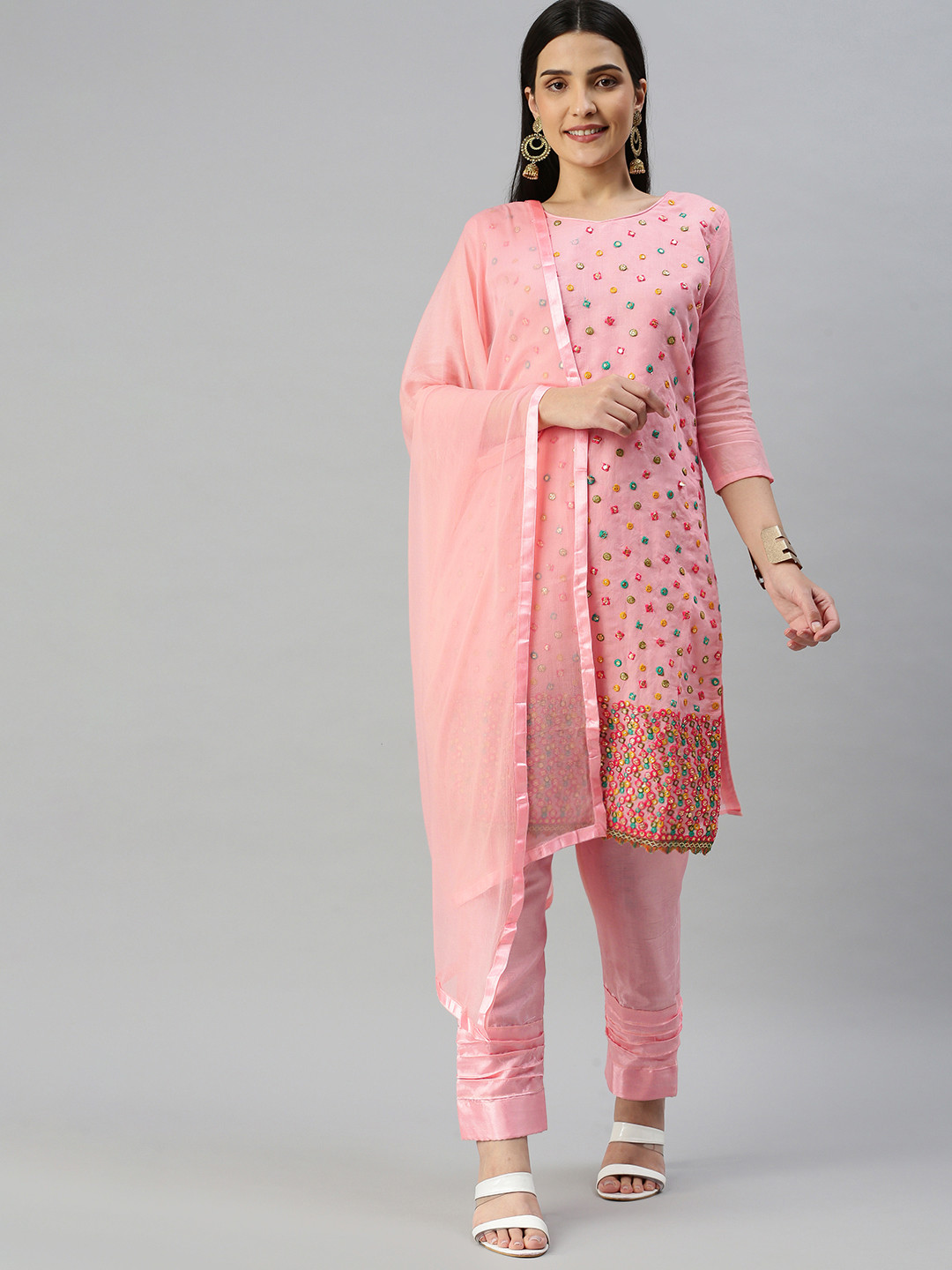

KALINI Embroidered Mirror Work Unstitched Dress Material, Peach