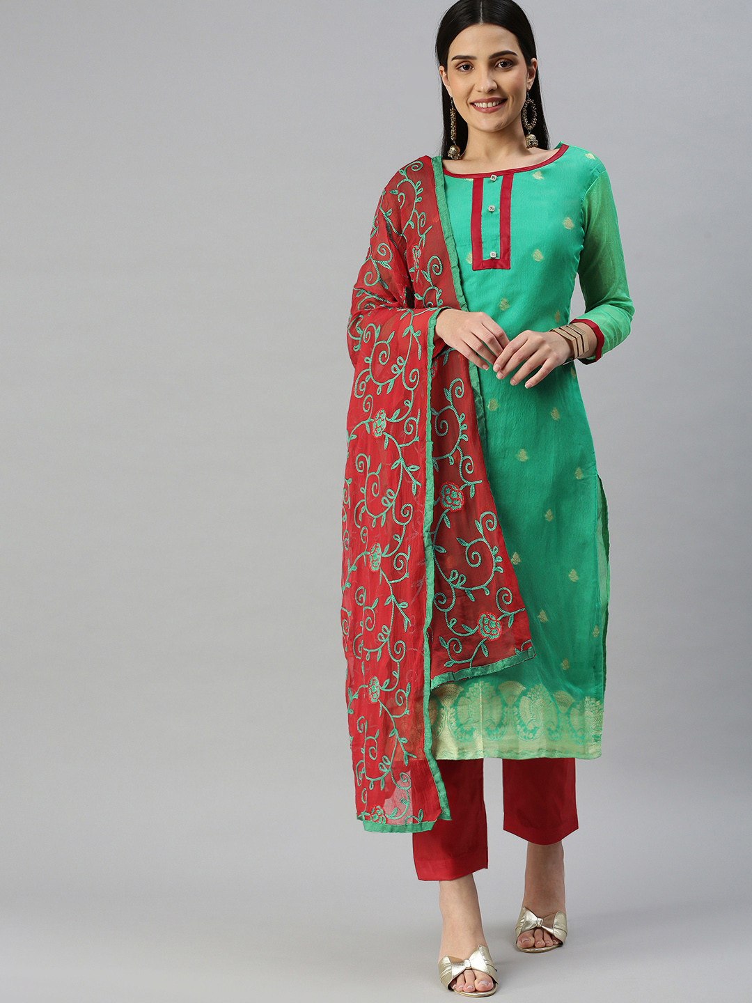 

KALINI Woven Design Unstitched Dress Material, Green