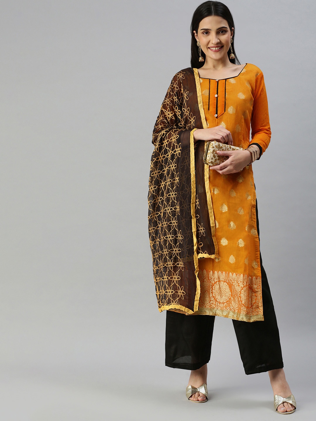 

KALINI Woven Design Zari Unstitched Dress Material, Yellow