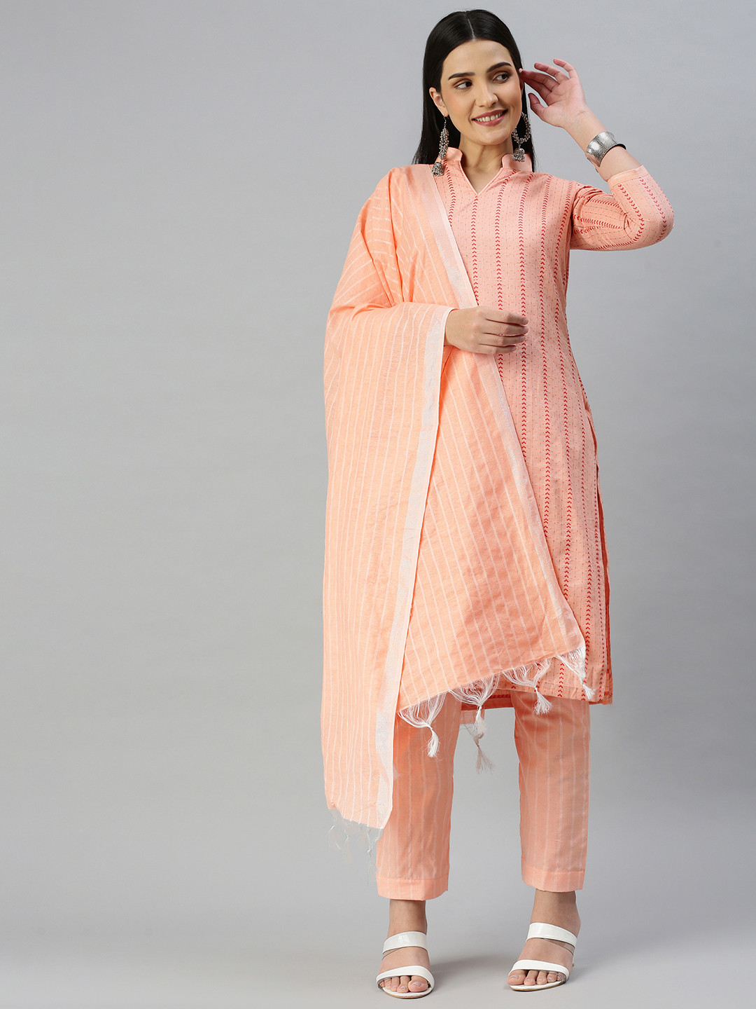 

KALINI Woven Design Unstitched Dress Material, Peach