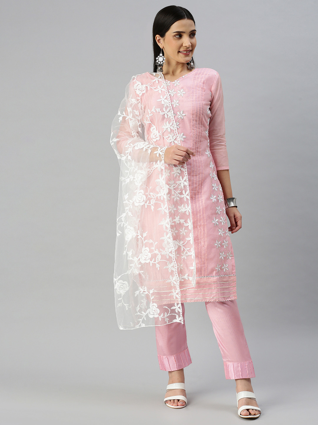 

KALINI Embroidered Unstitched Dress Material, Pink