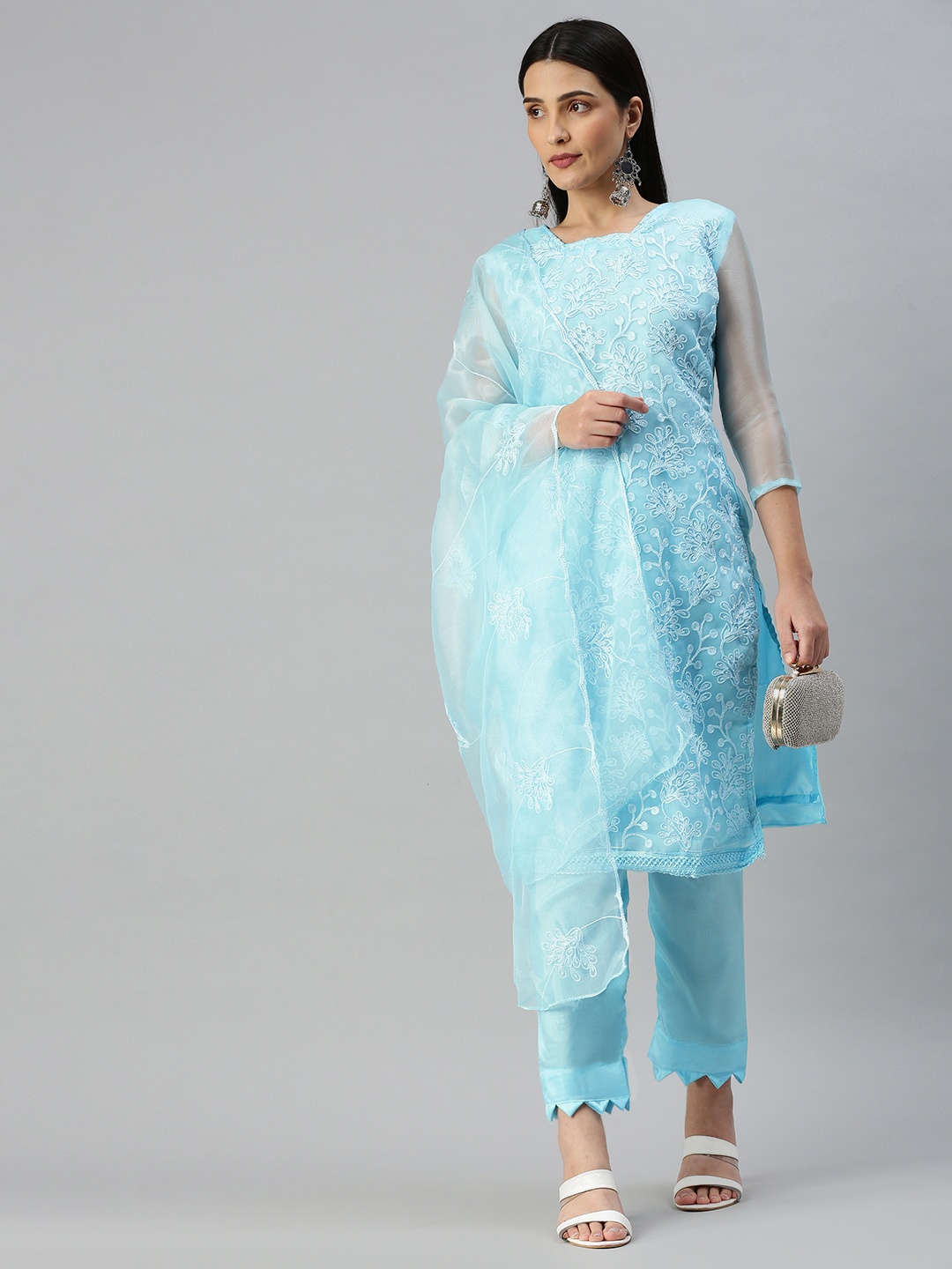 

KALINI Embroidered Organza Unstitched Dress Material, Blue