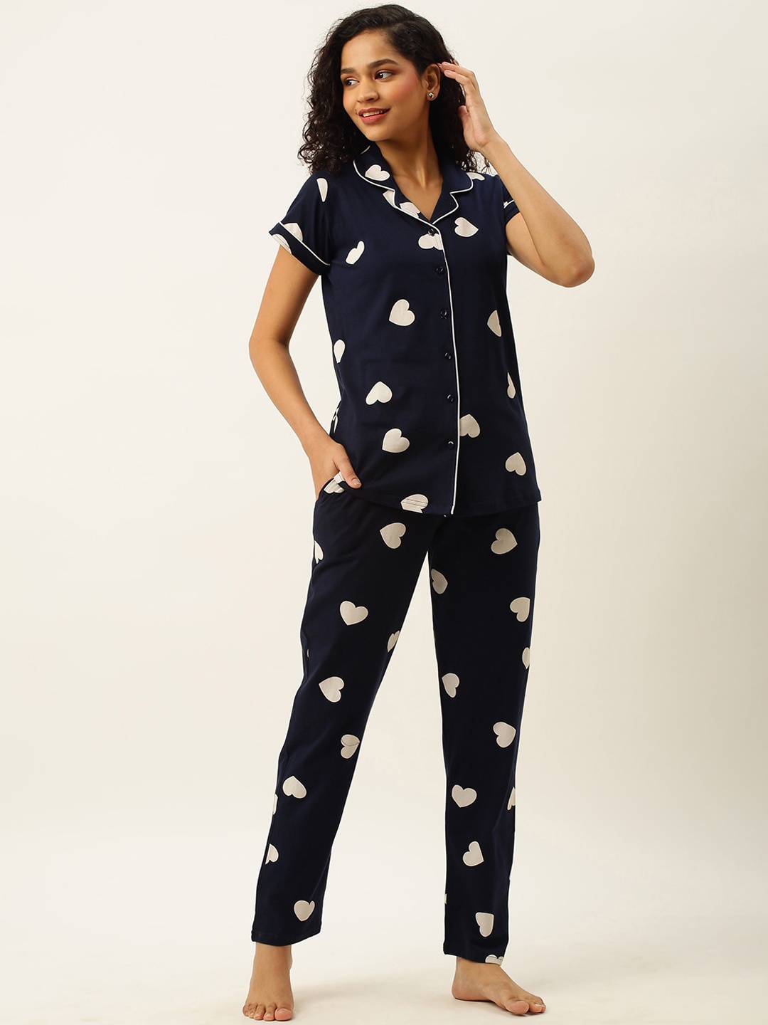 

ZOLA Women Conversational Printed Night suit, Navy blue