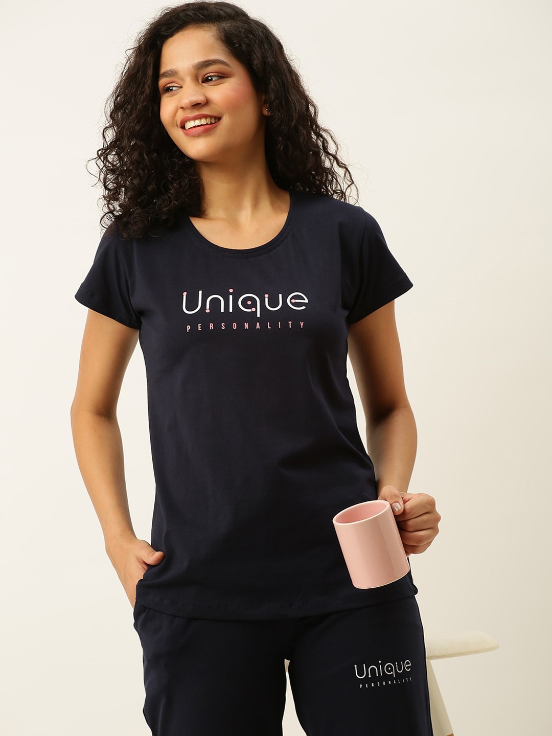 

ZOLA Women Typography Printed Night suit, Navy blue