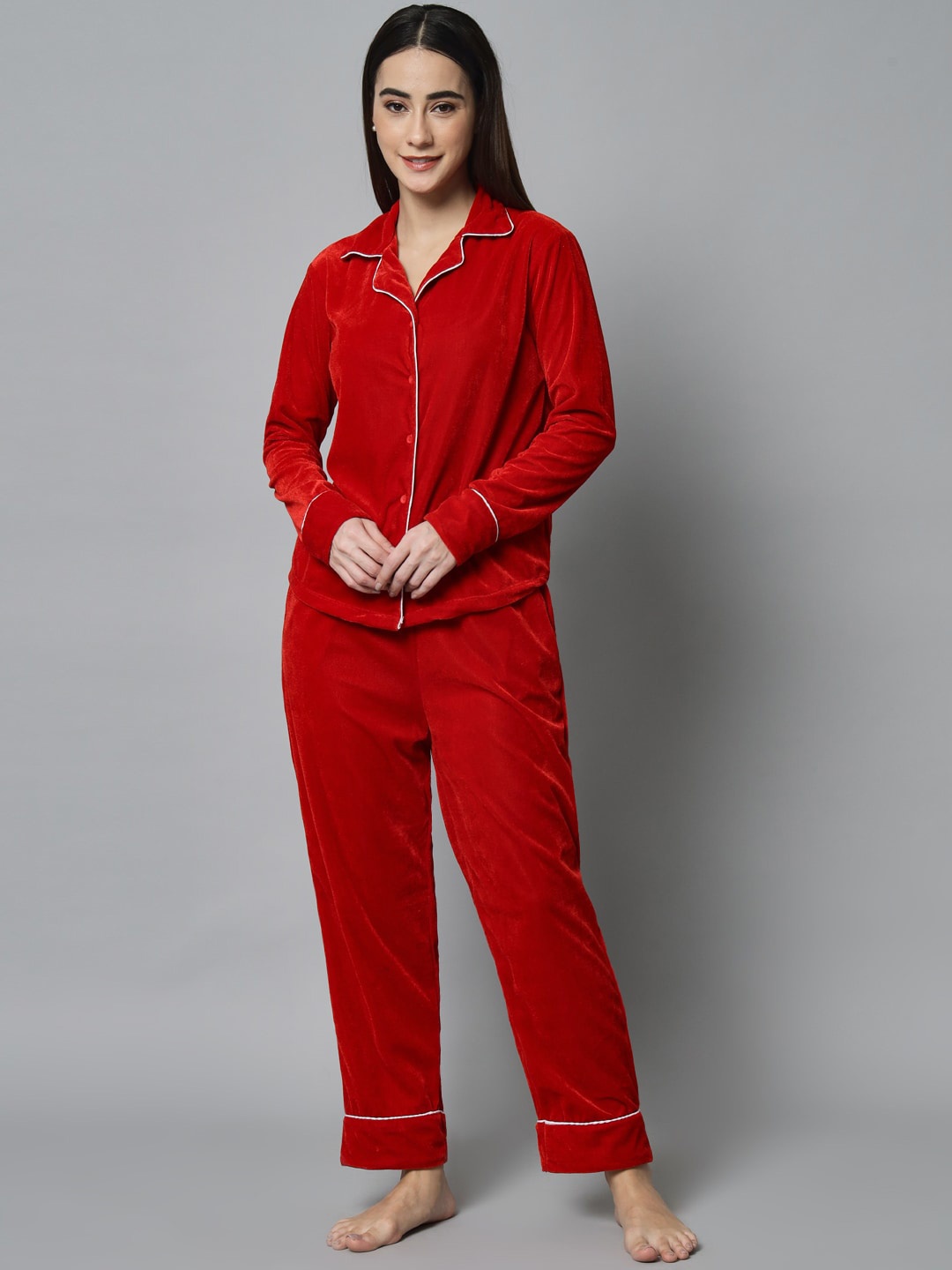 

emeros Women Lapel Collar Night suit, Red