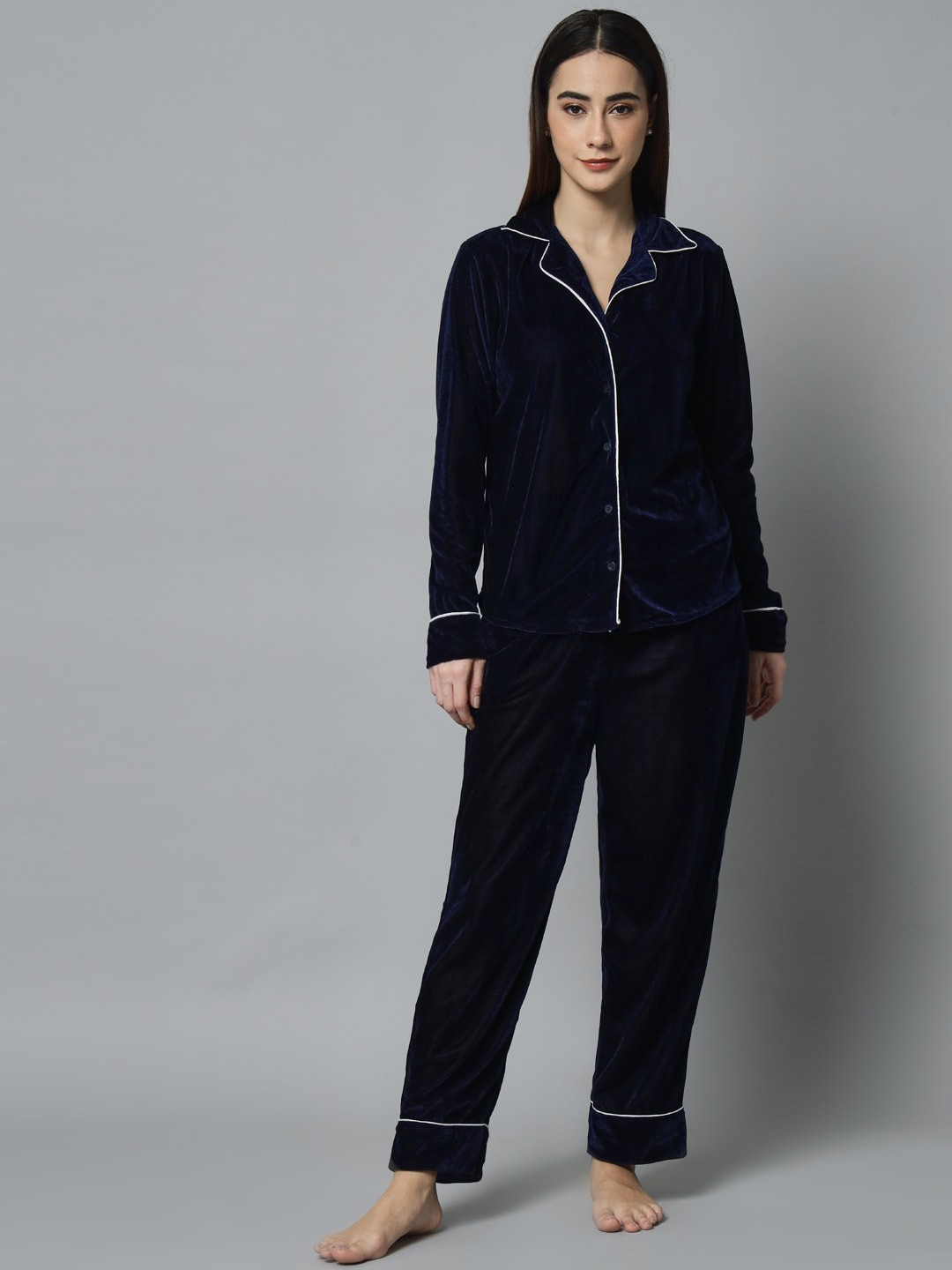 

emeros Women Lapel Collar Night suit, Navy blue