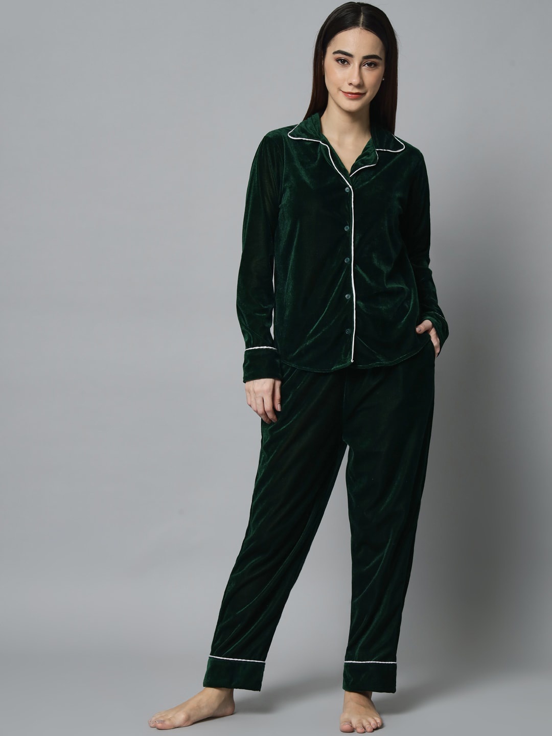 

emeros Women Lapel Collar Night suit, Green