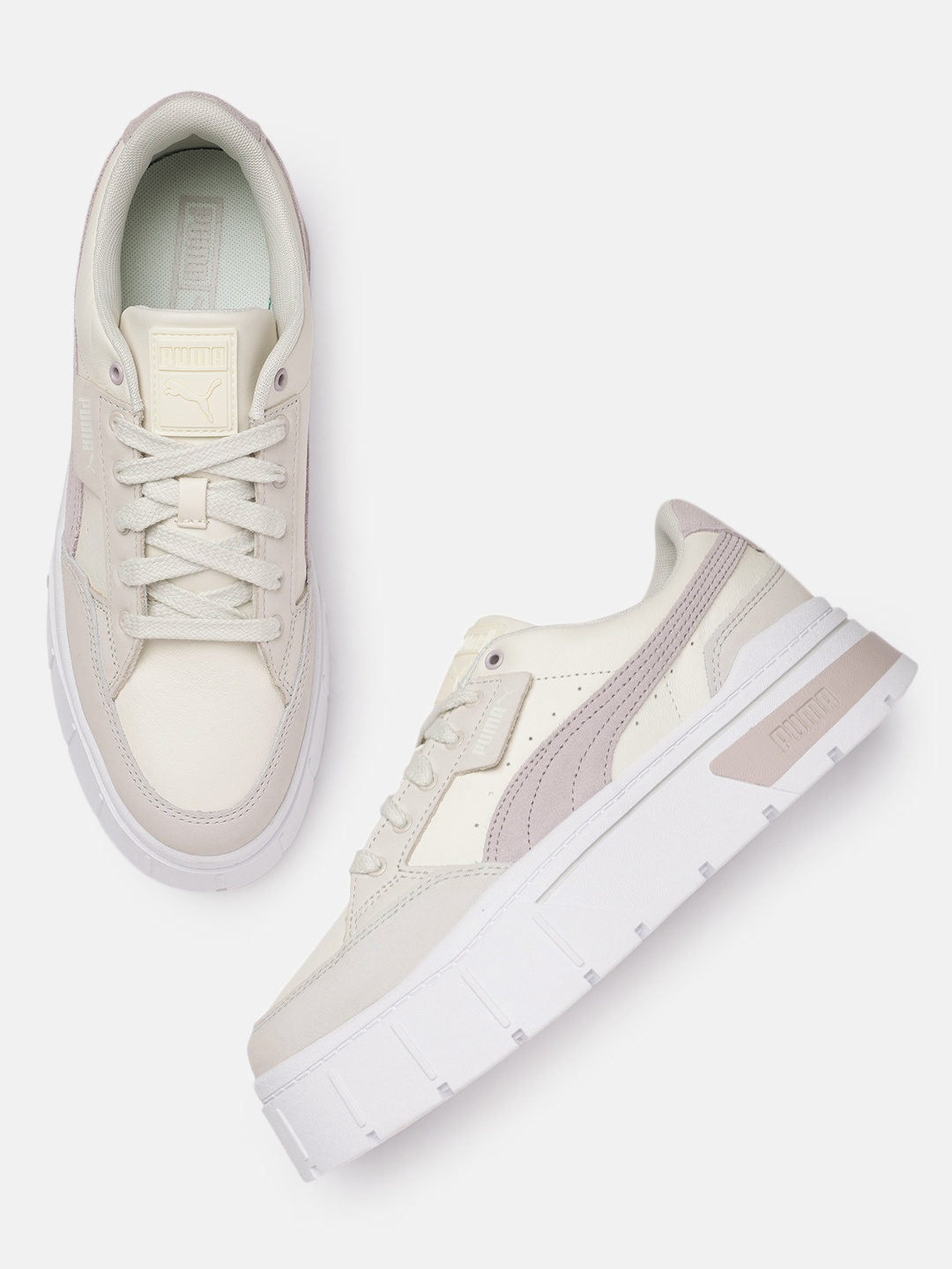 

Puma Women Solid Mayze Stack Luxe Leather Sneakers With Perforations Detail, Off white