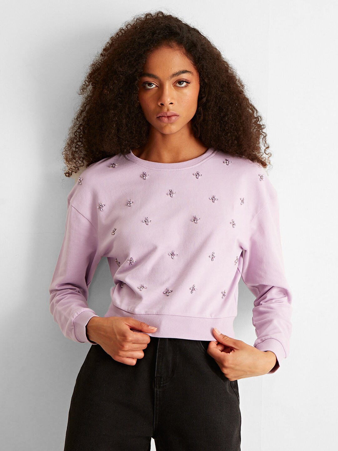 

COVER STORY Women Embellished Sweatshirt, Purple